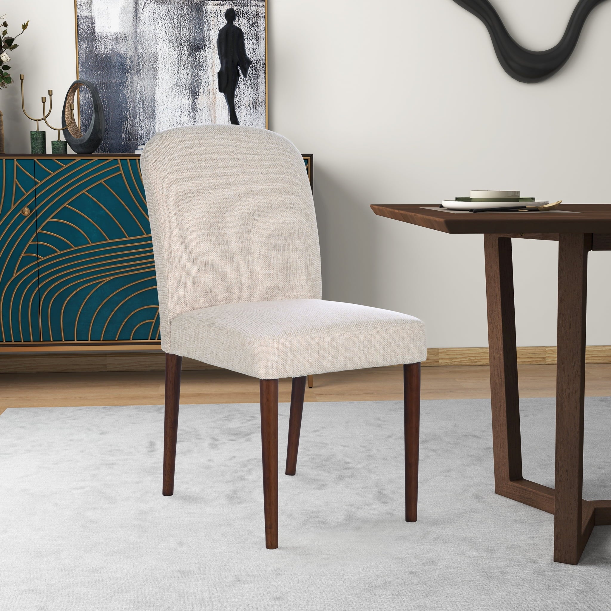 Minka Japandi Style Solid Wood Beige Fabric Upholstered Comfort Dining Chair