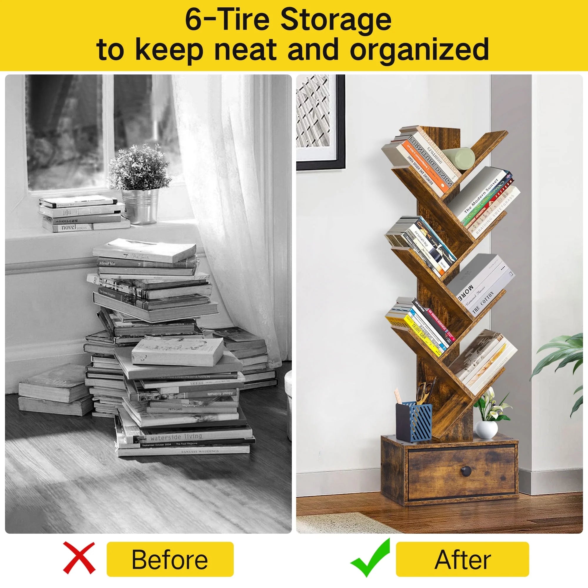 Tree Bookcase, 6-Tier Floor Standing Bookshelf with Drawer for Living Room Bedroom, Office