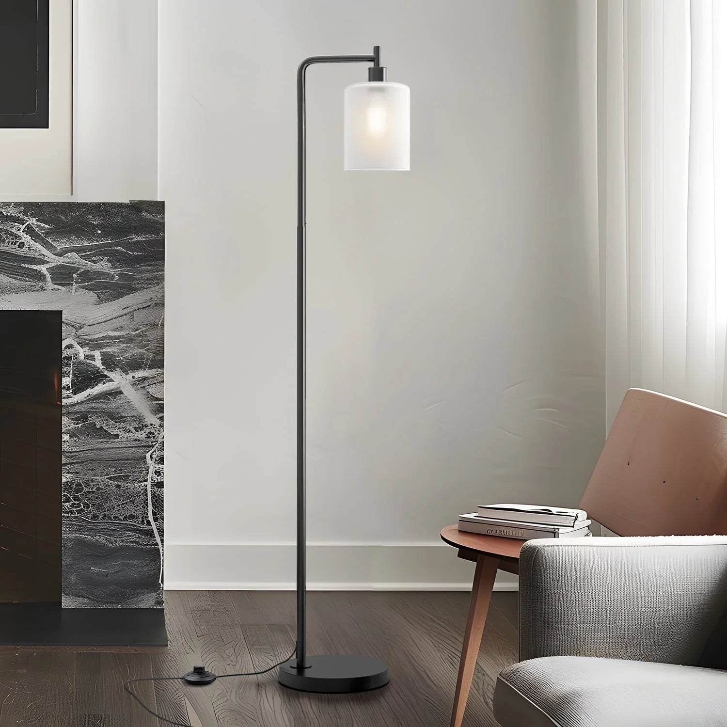 66.5" Arc Floor Lamp with Foot Switch, Black Metal Standing Lamp with Glass Shade for Bedroom, Living Room, Office(Bulb Included)