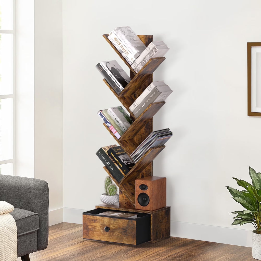 Tree Bookcase, 6-Tier Floor Standing Bookshelf with Drawer for Living Room Bedroom, Office