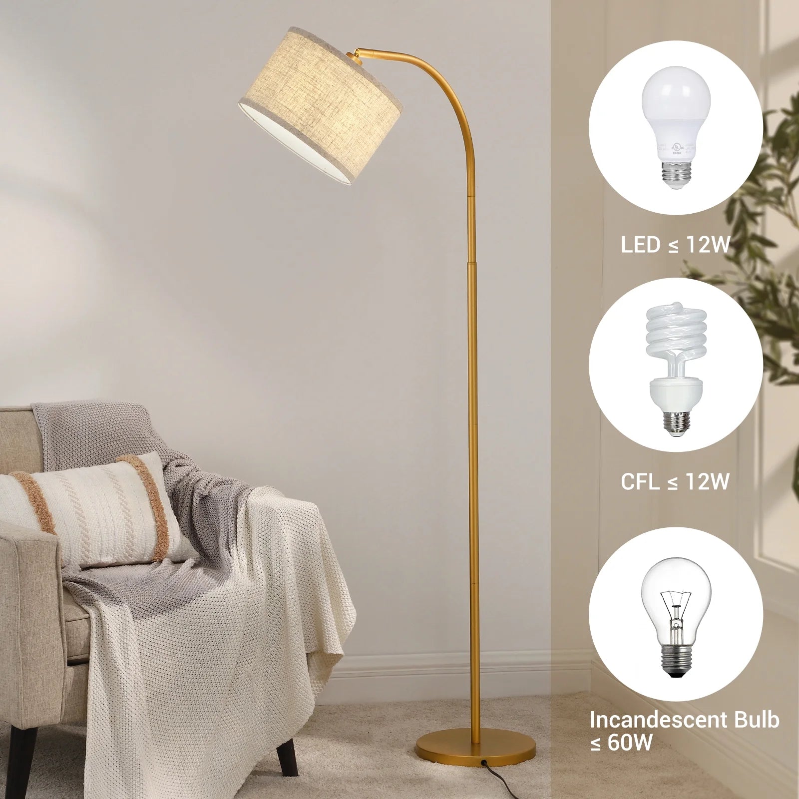 63.4-Inch Modern Arc Gold Floor Lamps for Living Room, Metal Standing Lamp with Foot Switch for Bedroom, Office, Decor, Lighting, Adjustable Lampshade