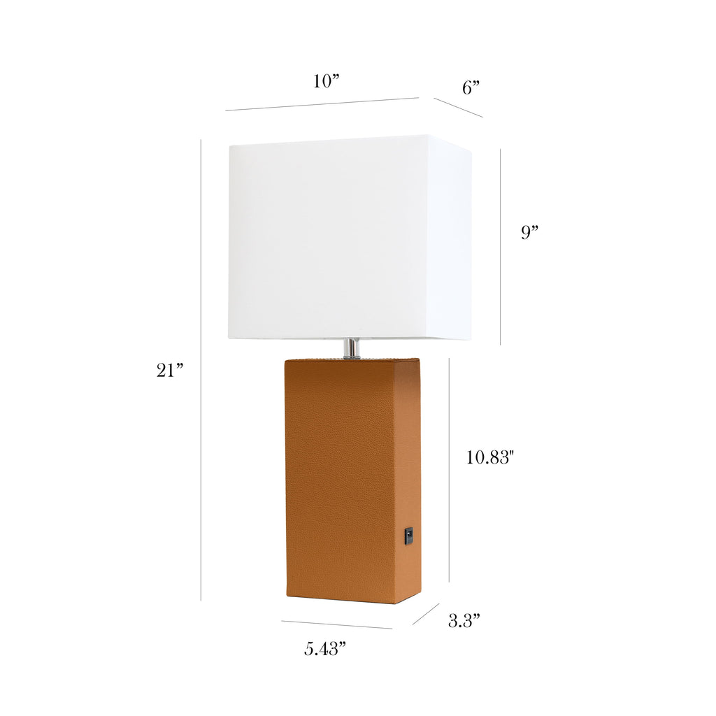 Modern Leather Table Lamp with USB and White Fabric Shade