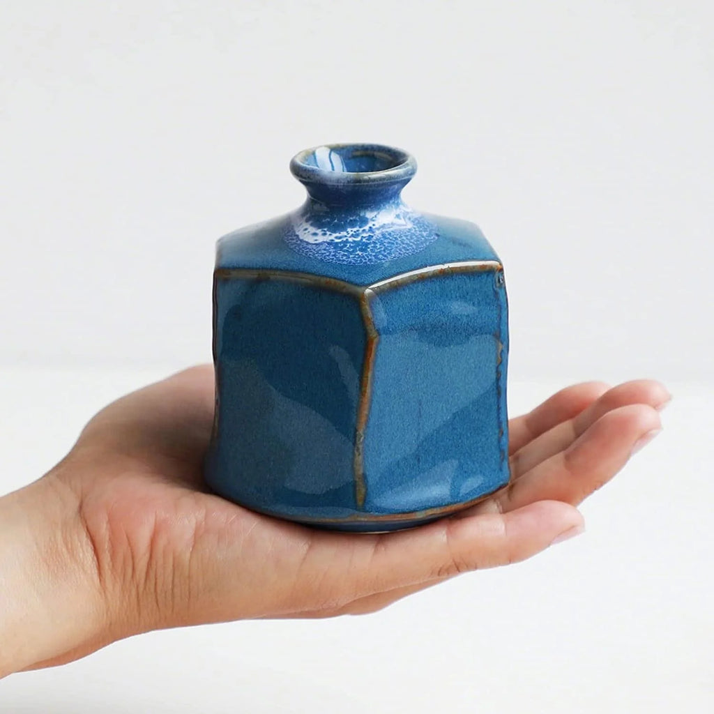 Minoyaki Ceramic Small Ikebana Flower Bud Vase Hexagon Shaped Blue Made in Japan