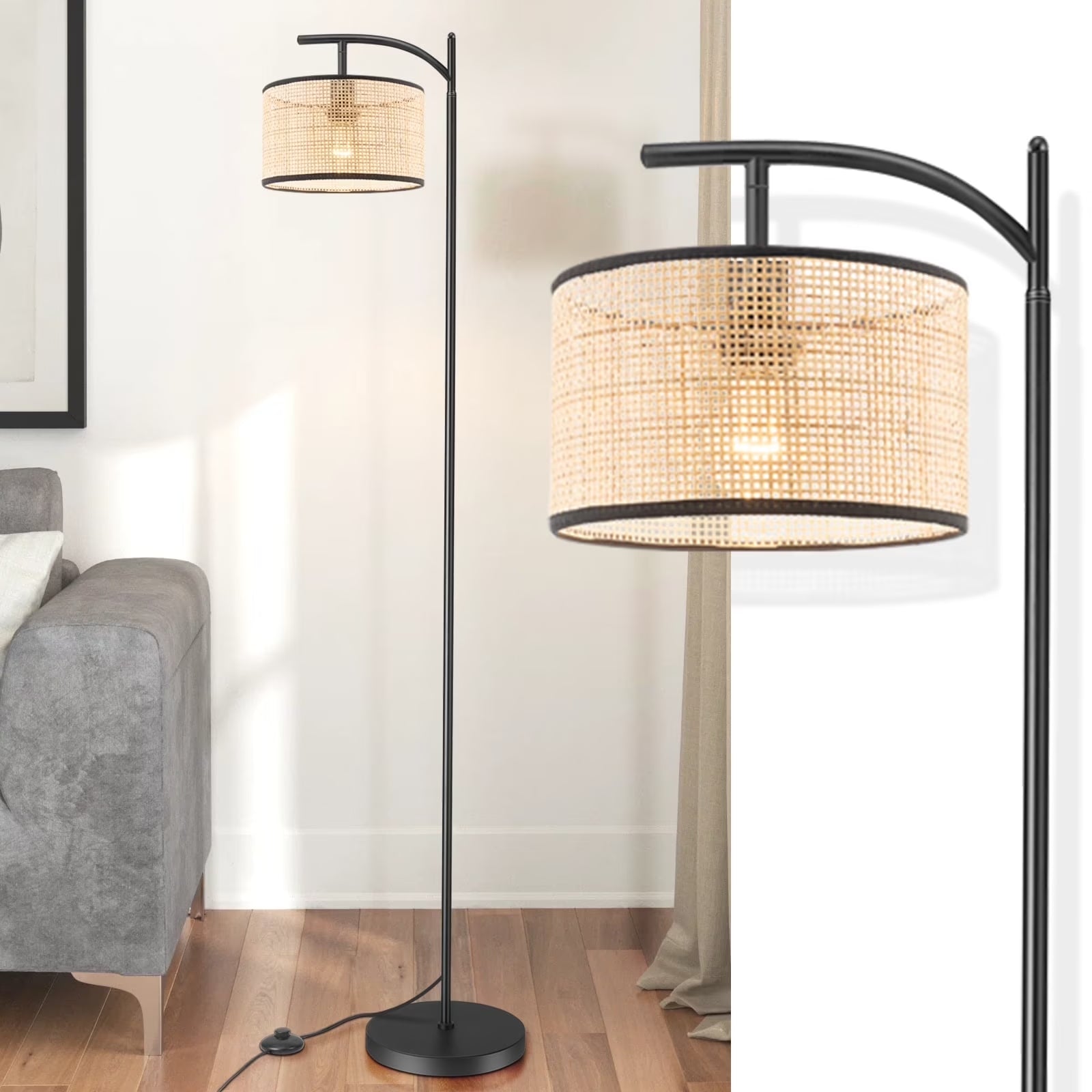 Boho Rattan Floor Lamp, Farmhouse Standing Light with ON/OFF Switch E26 Lights for Bedrooms Living Room