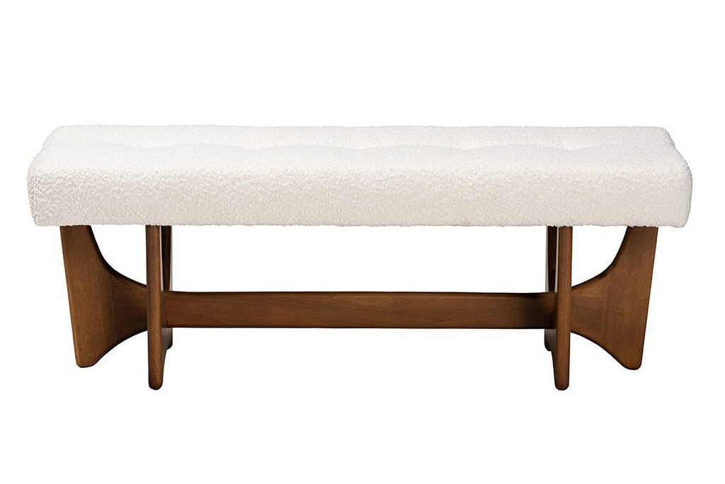 Theo Japandi Cream Boucle Fabric and Walnut Brown Finished Wood Bench