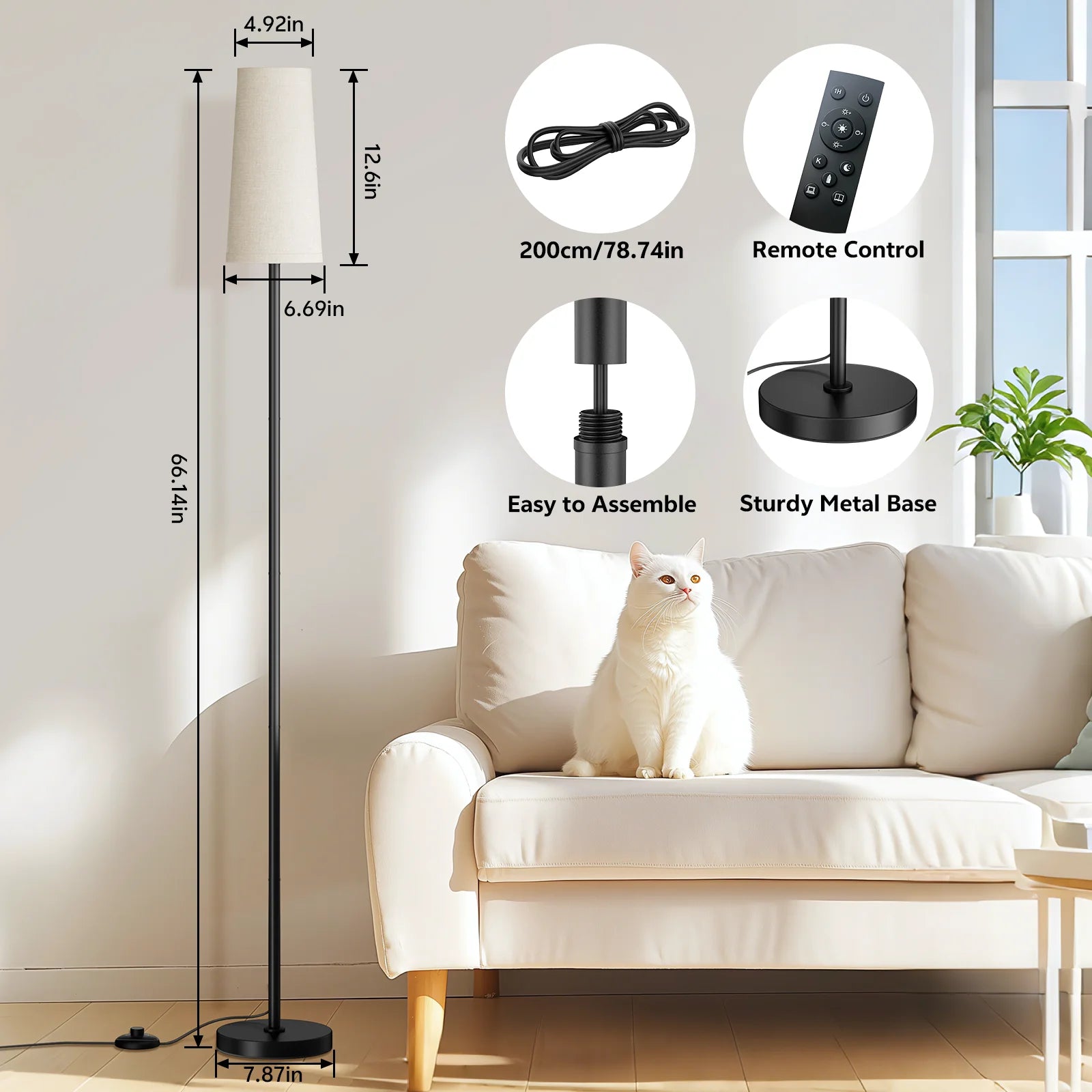 66" Floor Lamps for Living Room with Remote Control 3 Color Temperature Dimmable Standing Lamp Tall Pole Lamps for Bedroom, Office,Black,Bulb Included