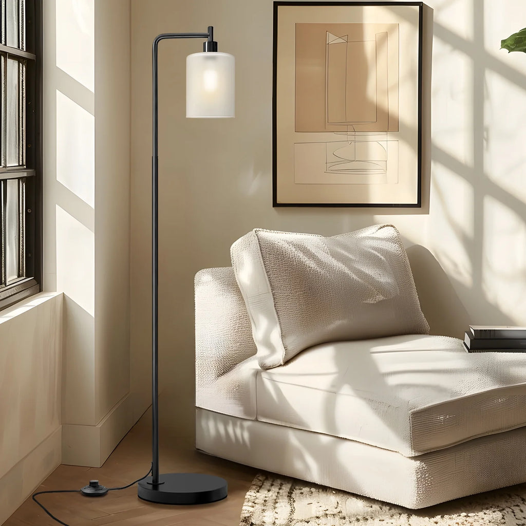 66.5" Arc Floor Lamp with Foot Switch, Black Metal Standing Lamp with Glass Shade for Bedroom, Living Room, Office(Bulb Included)