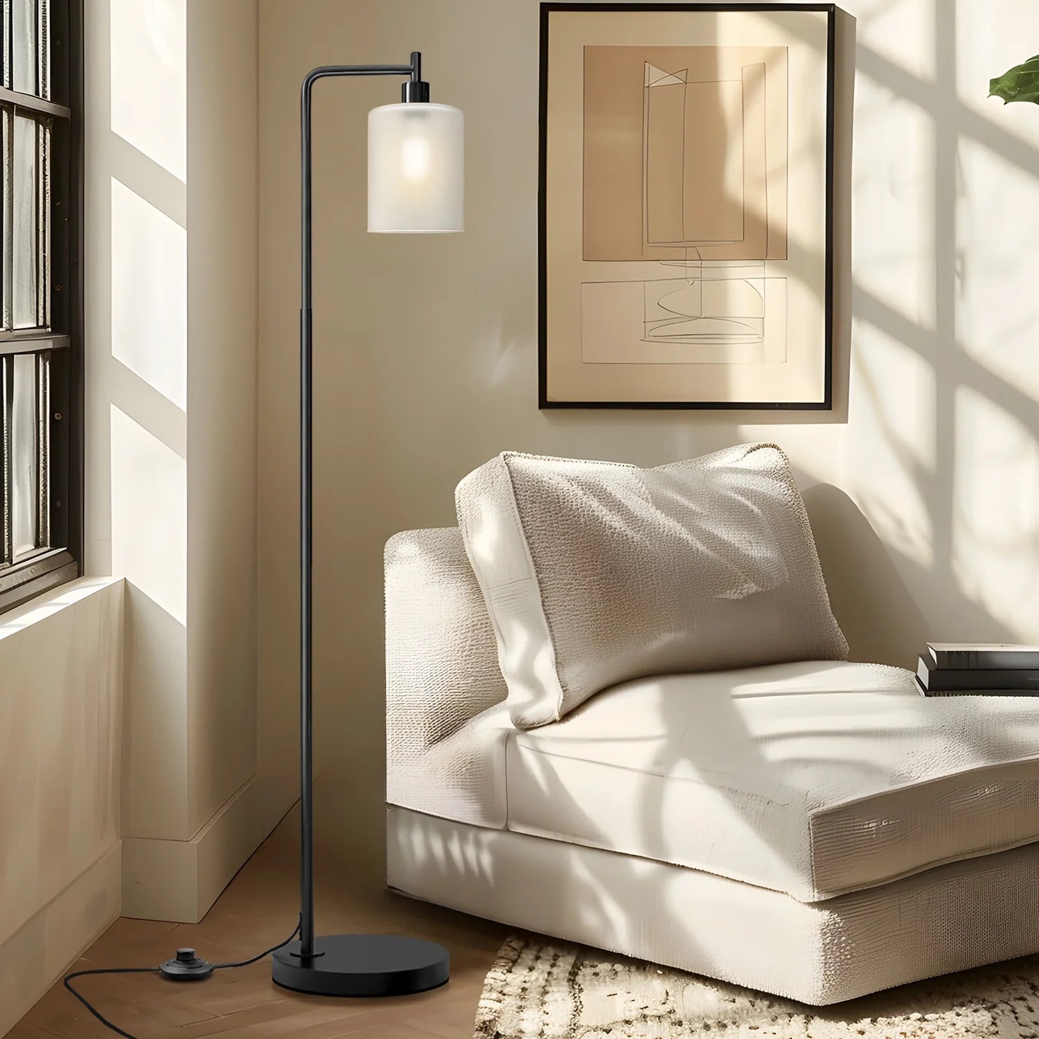 66.5" Arc Floor Lamp with Foot Switch, Black Metal Standing Lamp with Glass Shade for Bedroom, Living Room, Office(Bulb Included)