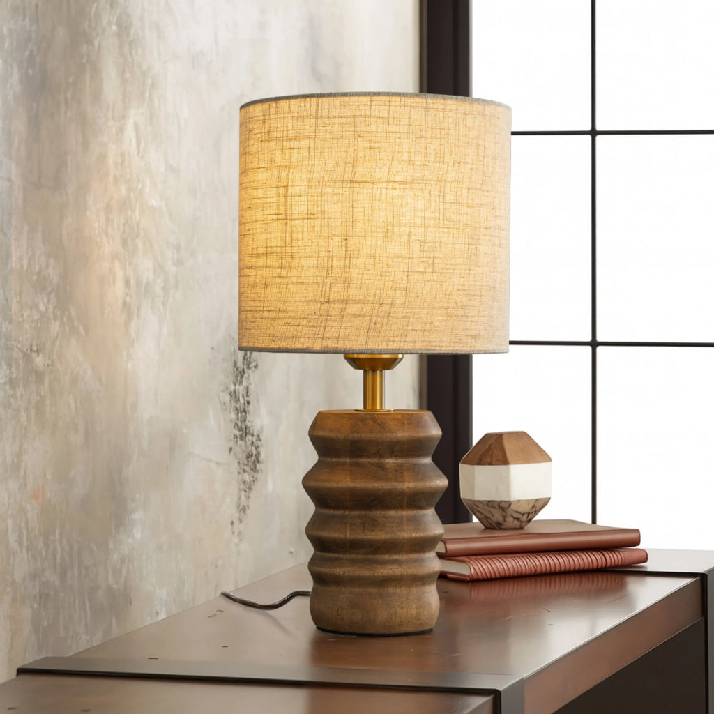 15'' Japandi Solid Wood Base Table Lamp Modern Classic Nightstand Lamp with Beige Fabric Shade for Bedside Foyer Dining Room