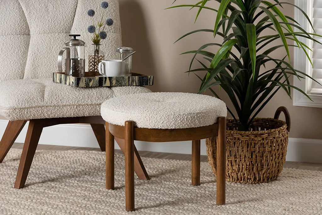 Iliana Japandi Cream Boucle Fabric and Walnut Brown Finished Rubberwood Ottoman Footstool
