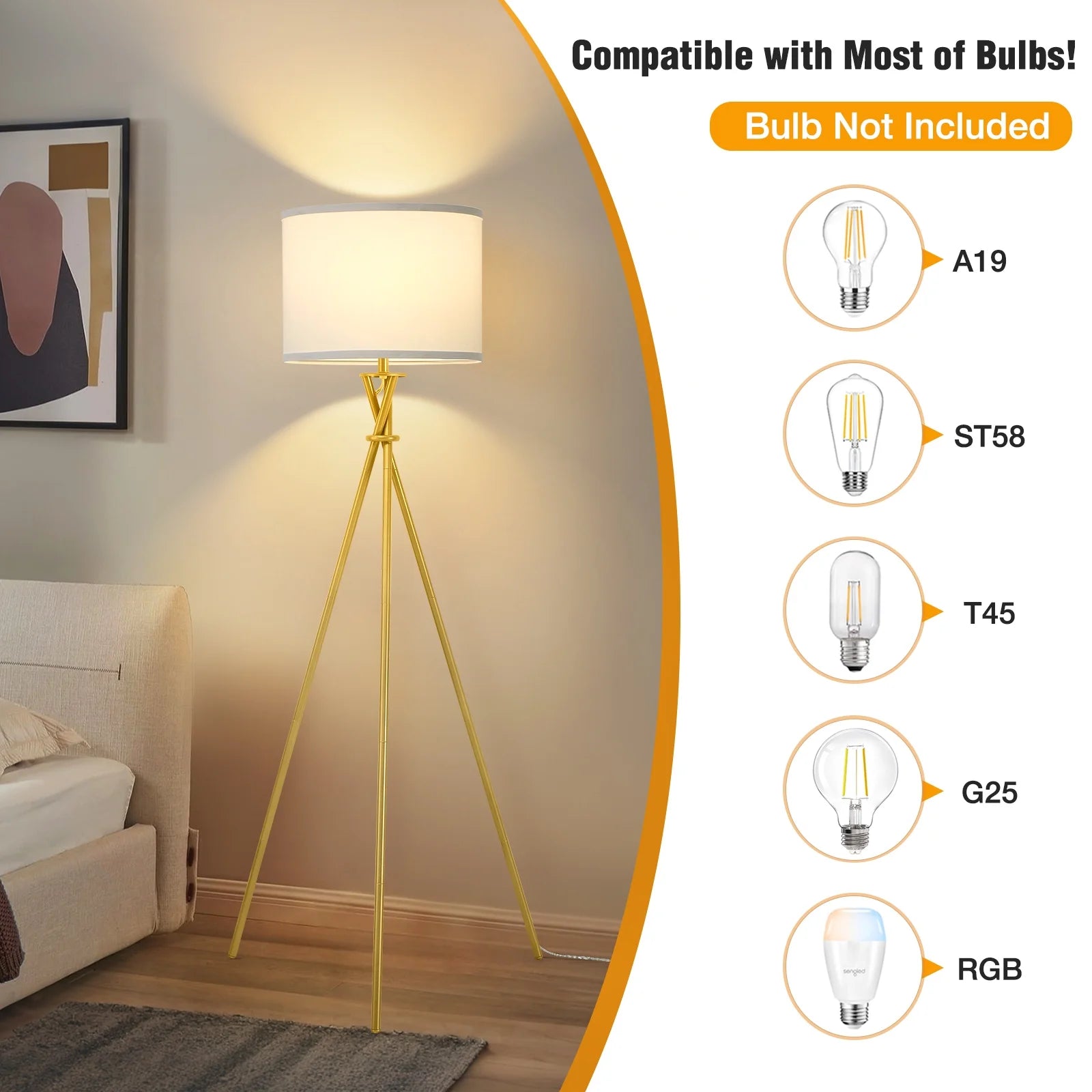 Gold Tripod Floor Lamps for Living Room, Modern Standing Lamp with White Drum Shade & Rotary Switch, Studying Light for Bedroom, Study Room and Office