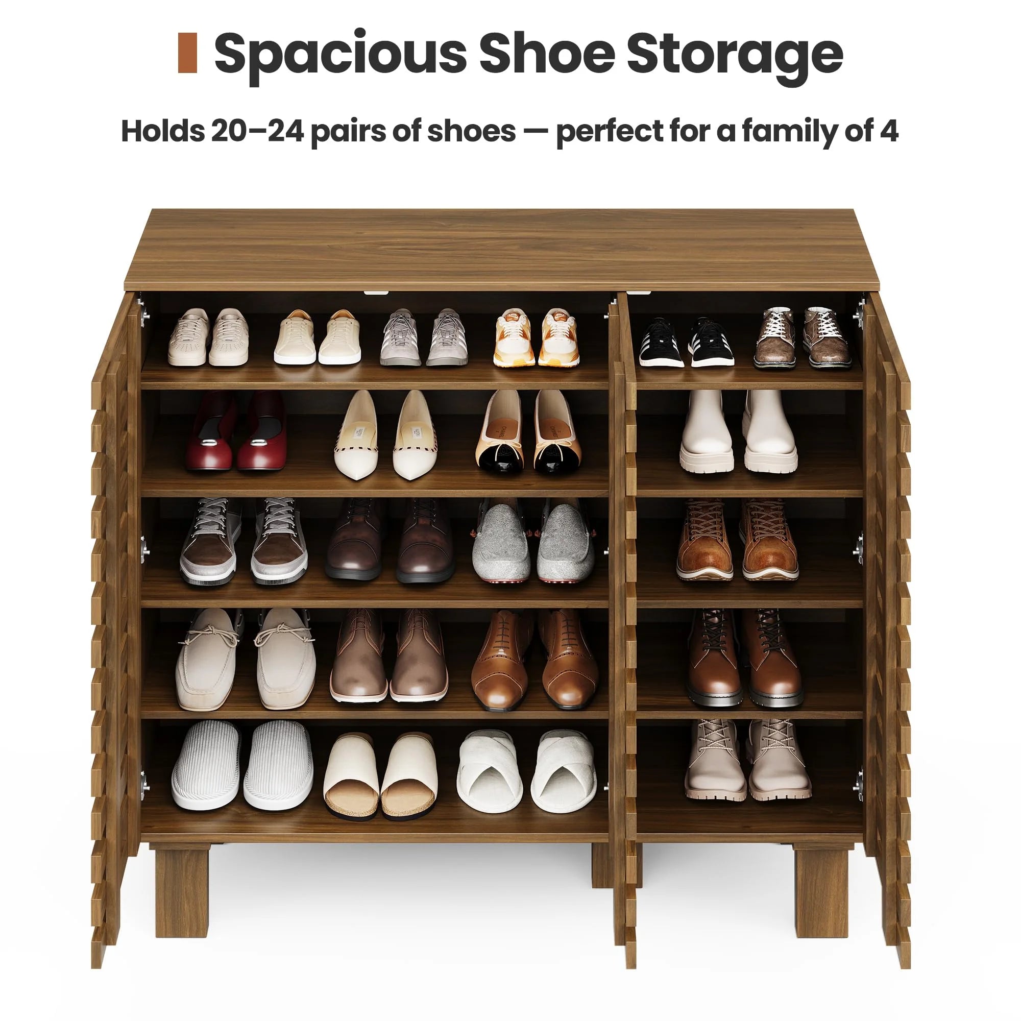 47" Wide Shoe Cabinet with Drawers and Adjustable Shelves, Entryway Shoe Storage Organizer with Louvered Doors, Japandi Brutalist Walnut Grid Design, Fits 20–24 Pairs