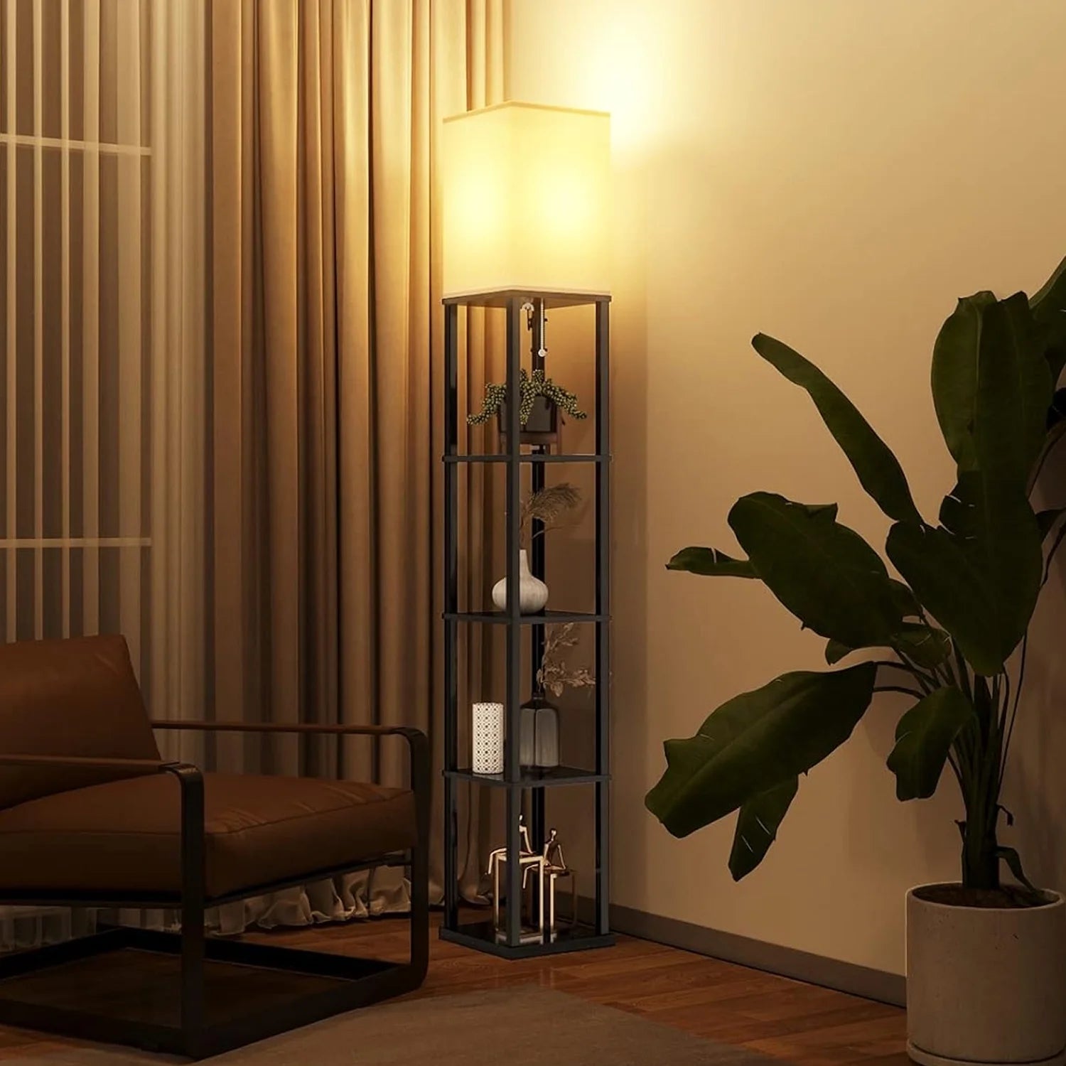 63" Floor Lamp with Shelves: Lamp for Living Room with 3 Adjustable Color Temperatures, Display Bookshelf for Home, Bedroom, Study - Black (Bulb Included)