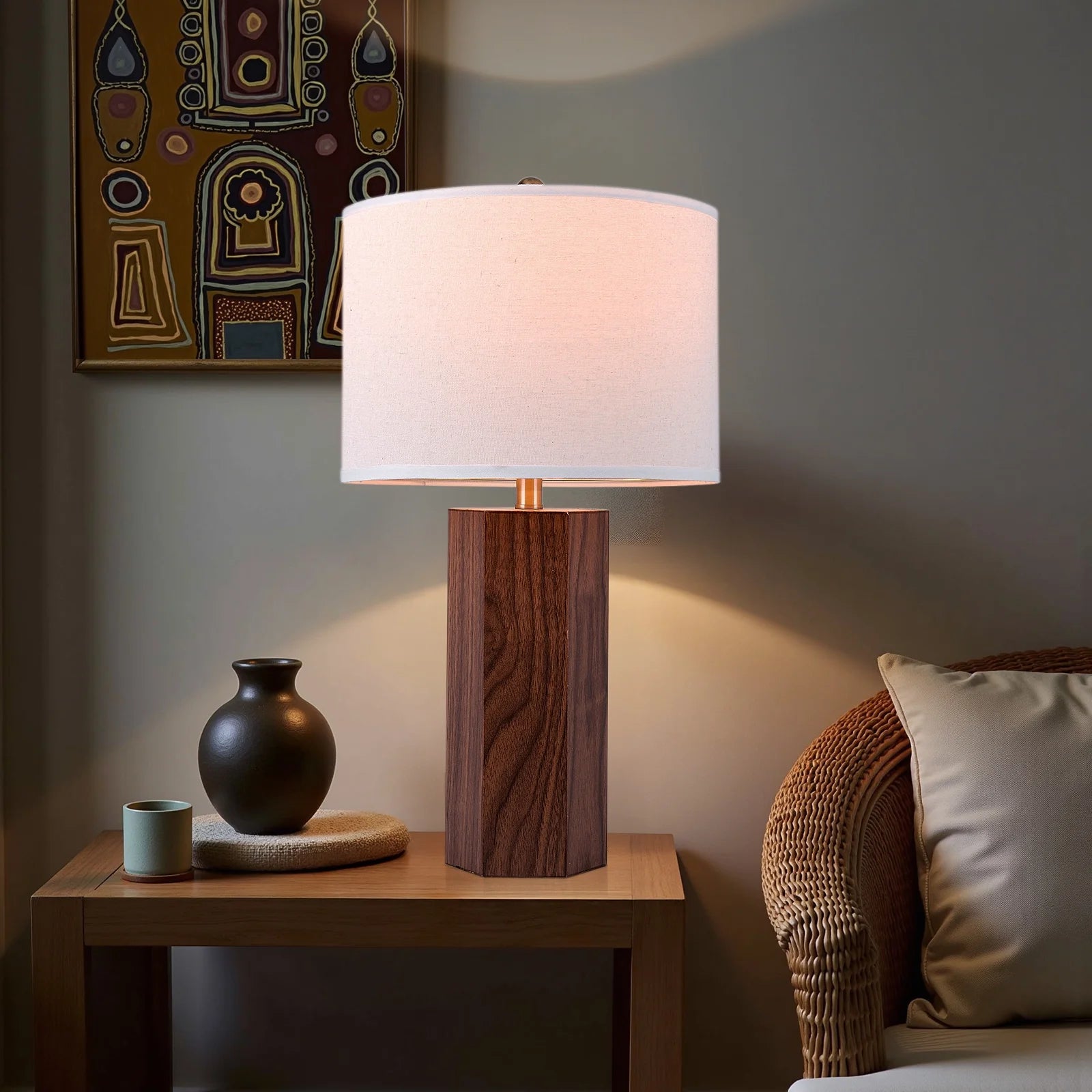 26" Modern Wood Table Lamp with Oatmeal Linen Shade, Brown Wood Base, E26 Socket, ON/OFF Switch, Aesthetic, Minimalist Bedside Accent Lamp(Bulbs Not Included)