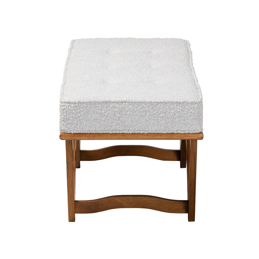 Chenoa Japandi Light Grey Boucle Fabric and Walnut Brown Finished Wood Bench