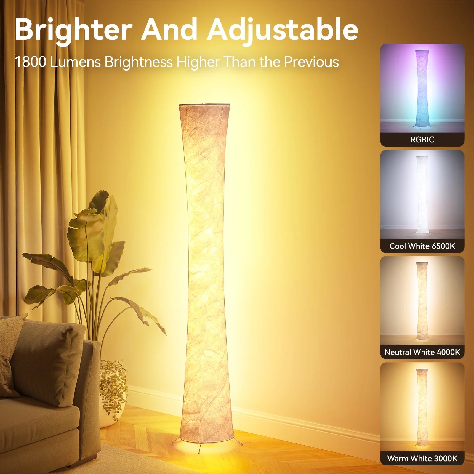 61'' RGBIC LED Floor Lamp, 1800 LM Color Changing Lighting Modern Tall Lamp with Music Sync & 16 Millio Colors, Standing Lamp with Remote & APP Control for Living Room, Bedroom, Gaming, Party
