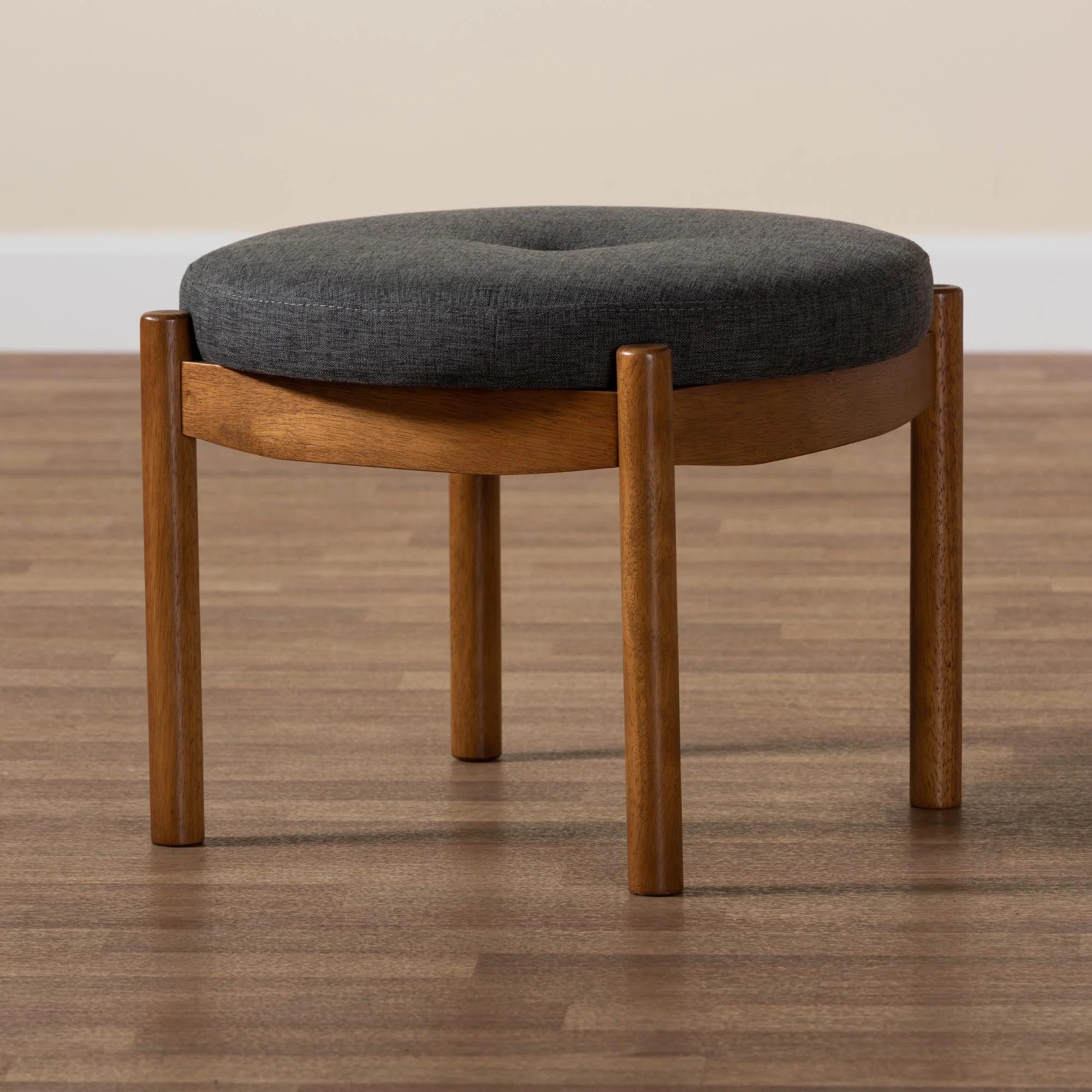 Iliana Japandi Dark Grey Fabric and Walnut Brown Finished Wood Ottoman Footstool