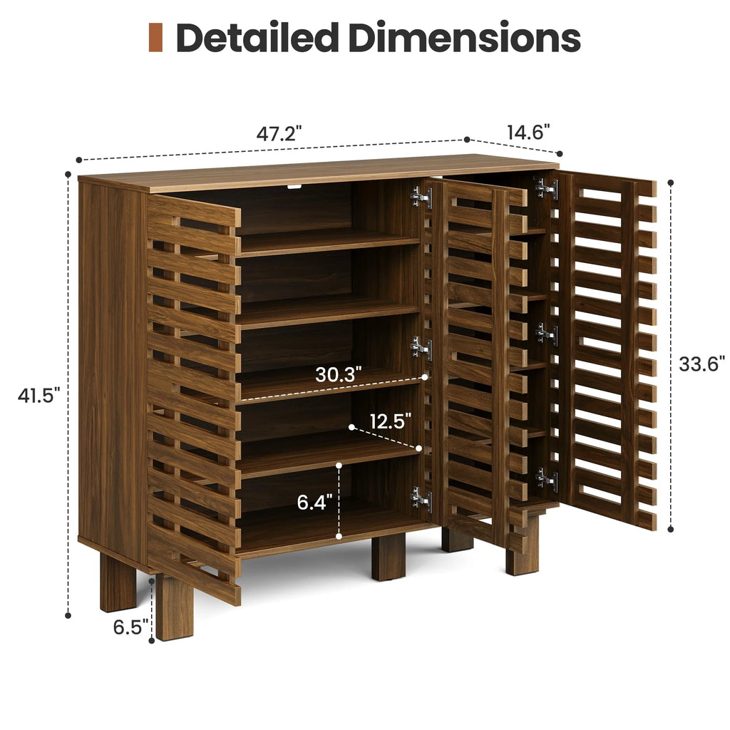 47" Wide Shoe Cabinet with Drawers and Adjustable Shelves, Entryway Shoe Storage Organizer with Louvered Doors, Japandi Brutalist Walnut Grid Design, Fits 20–24 Pairs