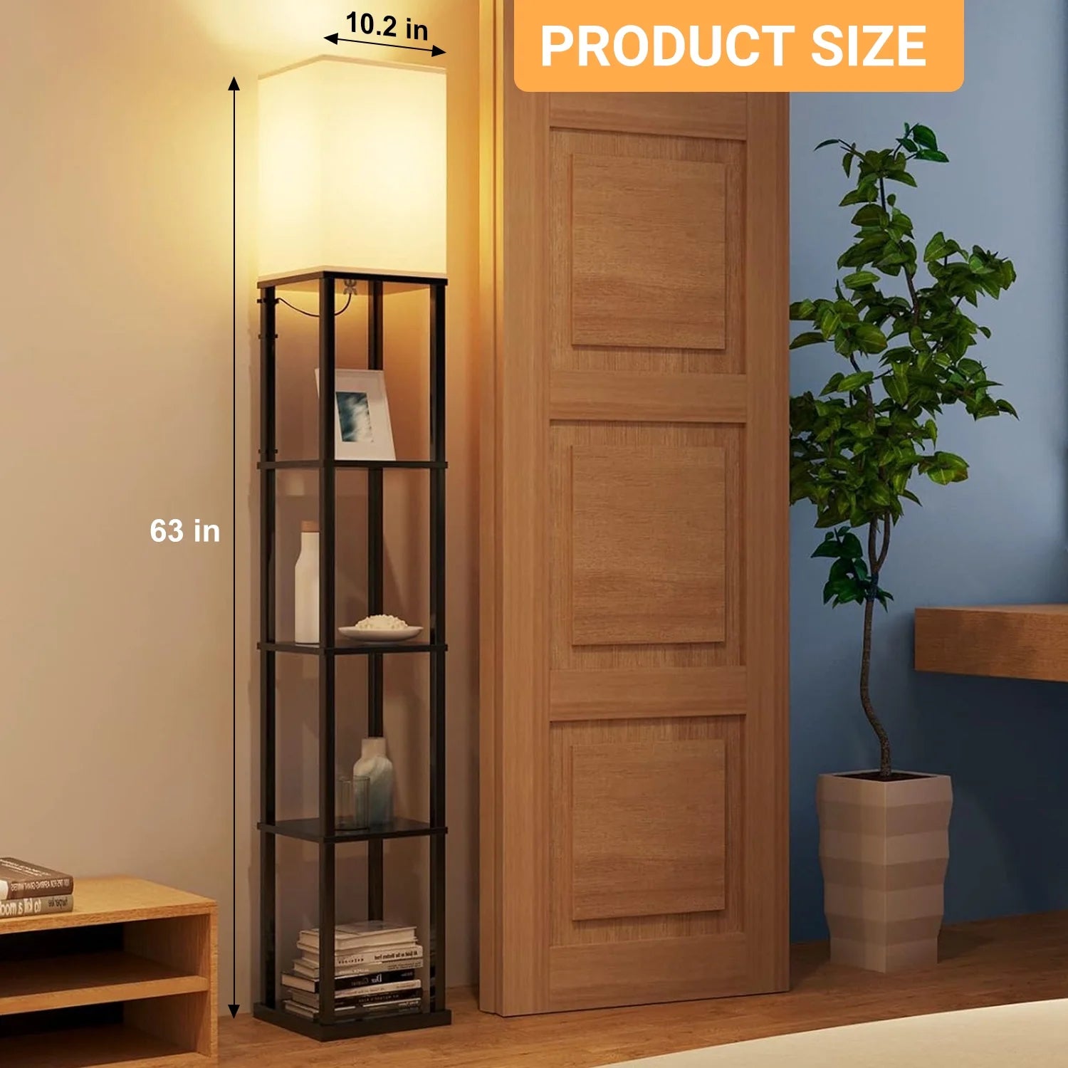 63" Floor Lamp with Shelves: Lamp for Living Room with 3 Adjustable Color Temperatures, Display Bookshelf for Home, Bedroom, Study - Black (Bulb Included)