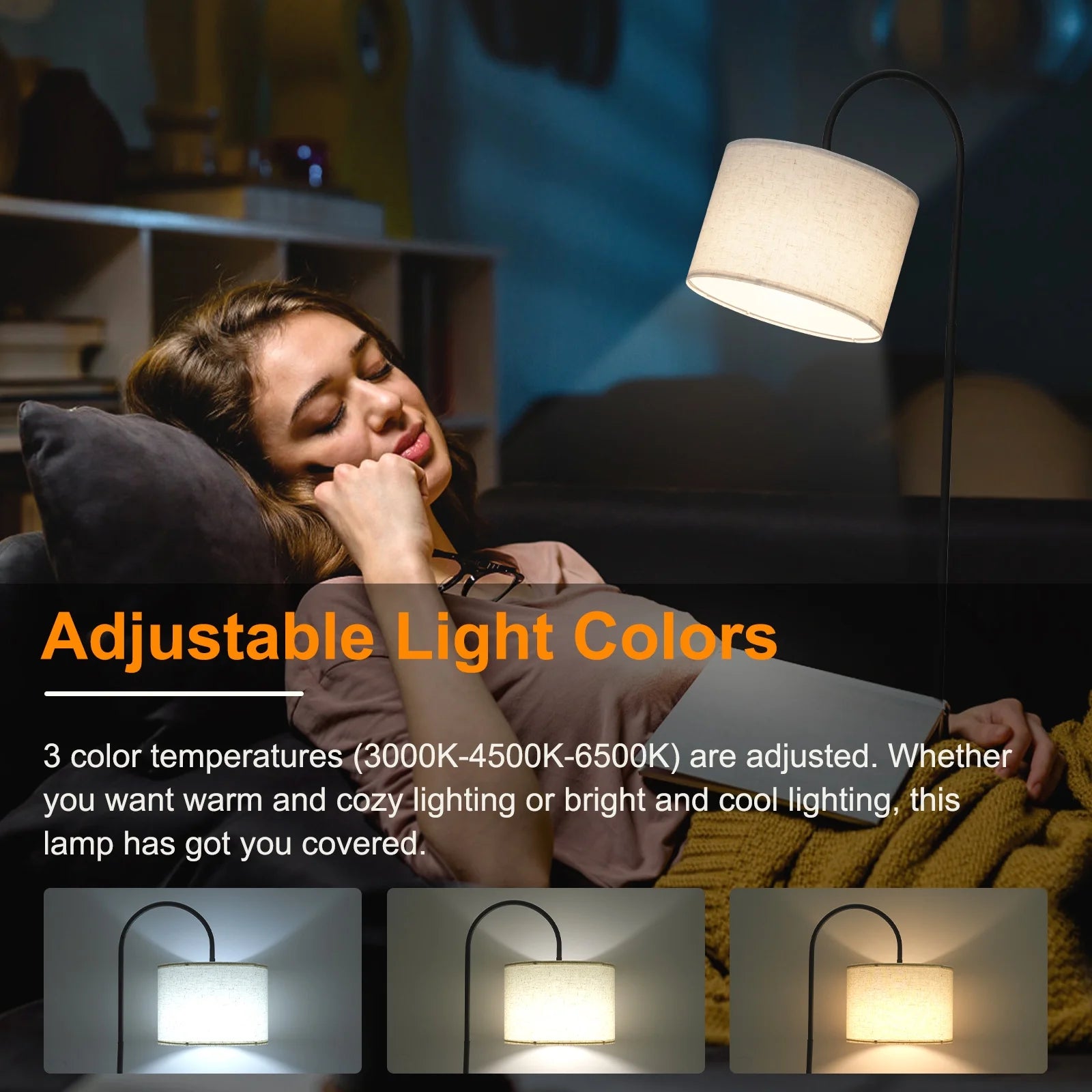 Modern Standing Lamp, Floor Lamp for Living Room, Hanging Shade and 3 Color Temperatures 12W Bulb for Bedroom, Study Room, Office