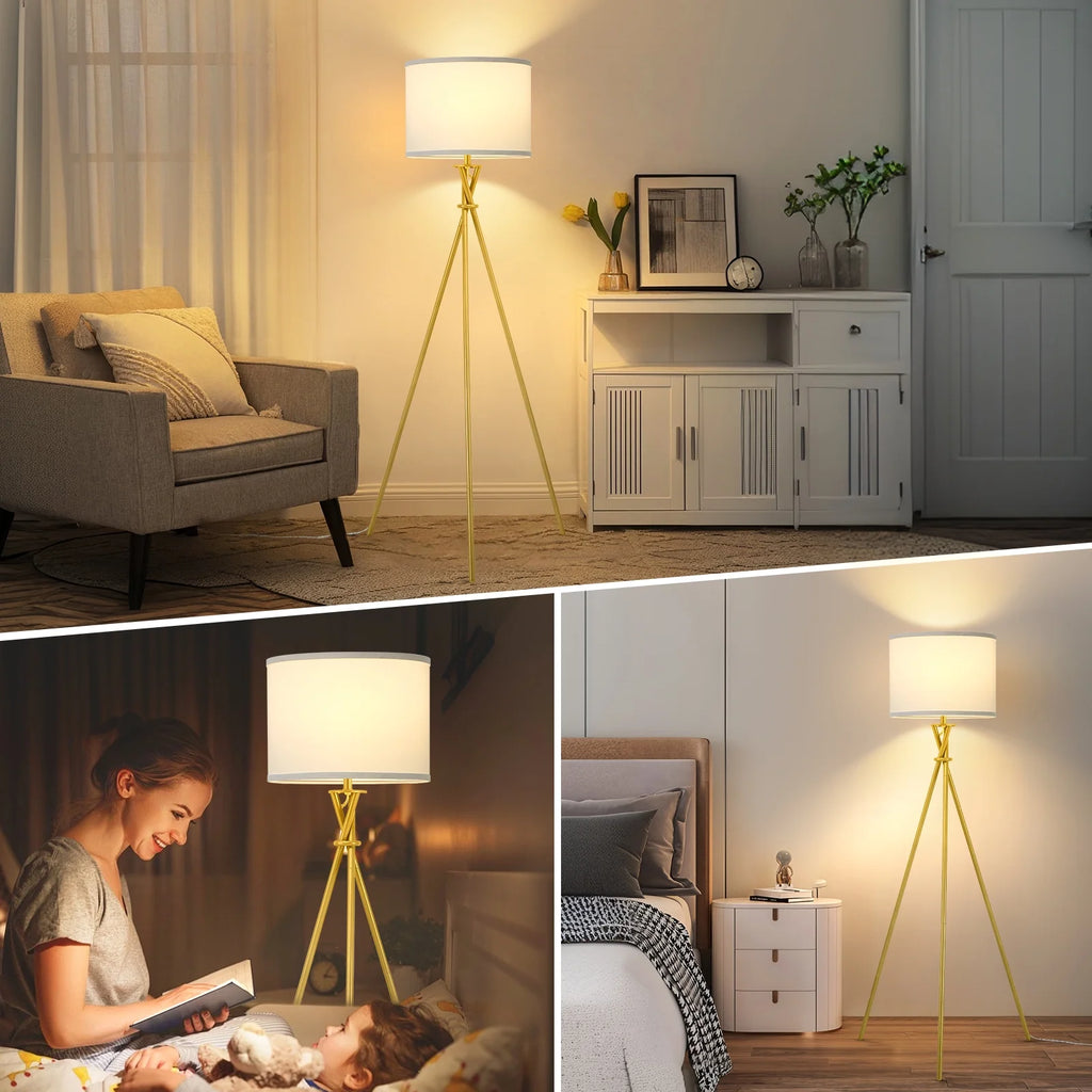 Gold Tripod Floor Lamps for Living Room, Modern Standing Lamp with White Drum Shade & Rotary Switch, Studying Light for Bedroom, Study Room and Office