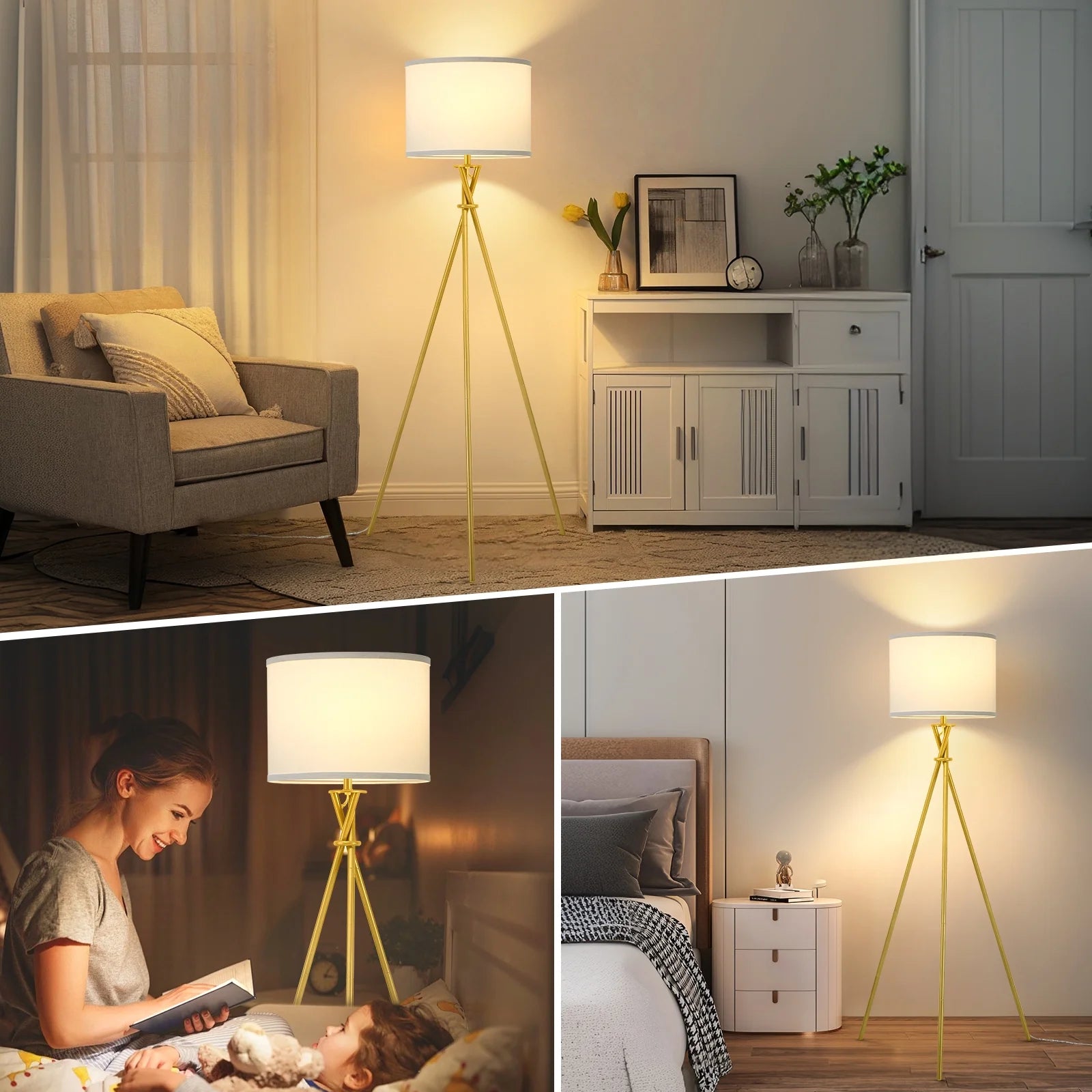 Gold Tripod Floor Lamps for Living Room, Modern Standing Lamp with White Drum Shade & Rotary Switch, Studying Light for Bedroom, Study Room and Office