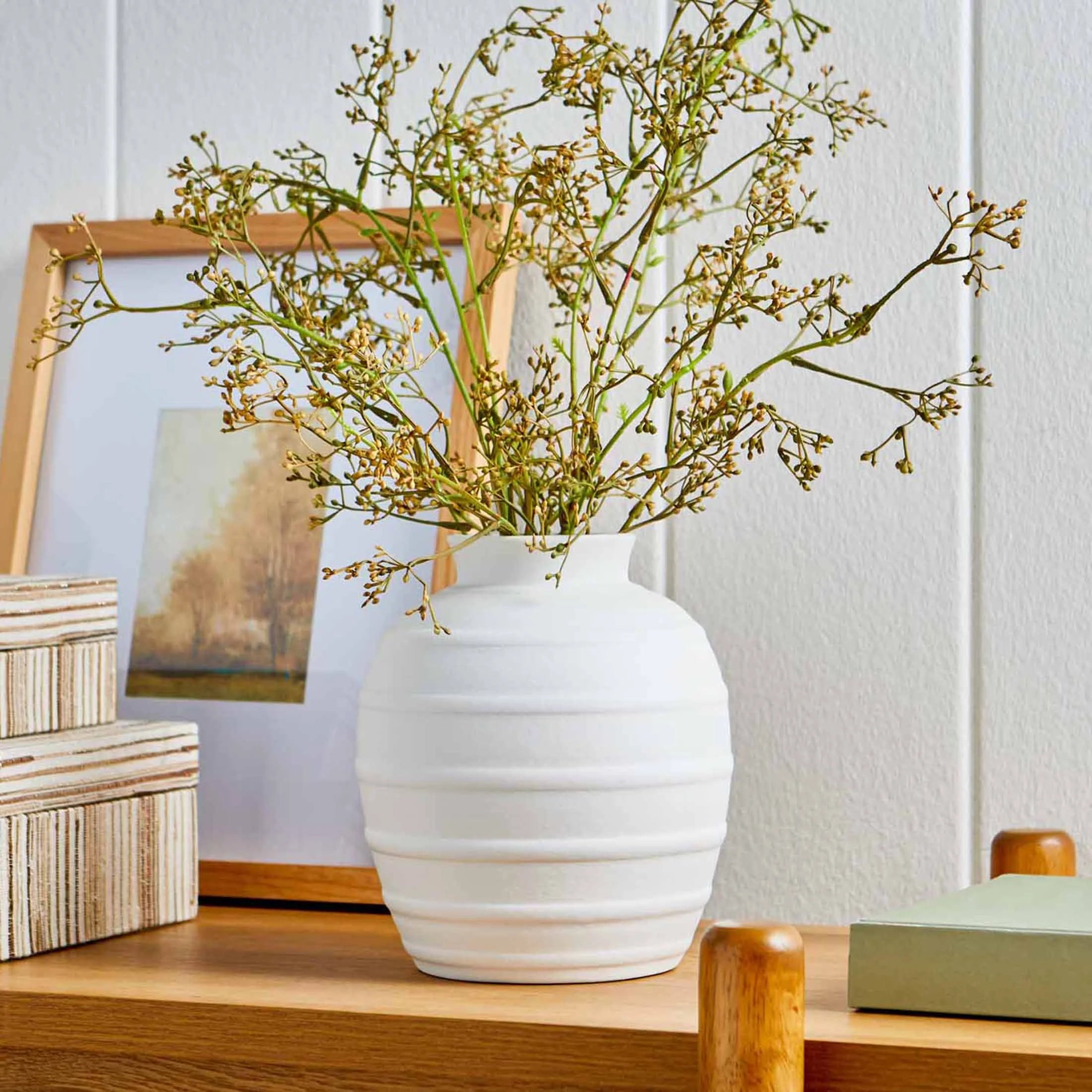White 8-Inch Textured Ribbed Ceramic Vase