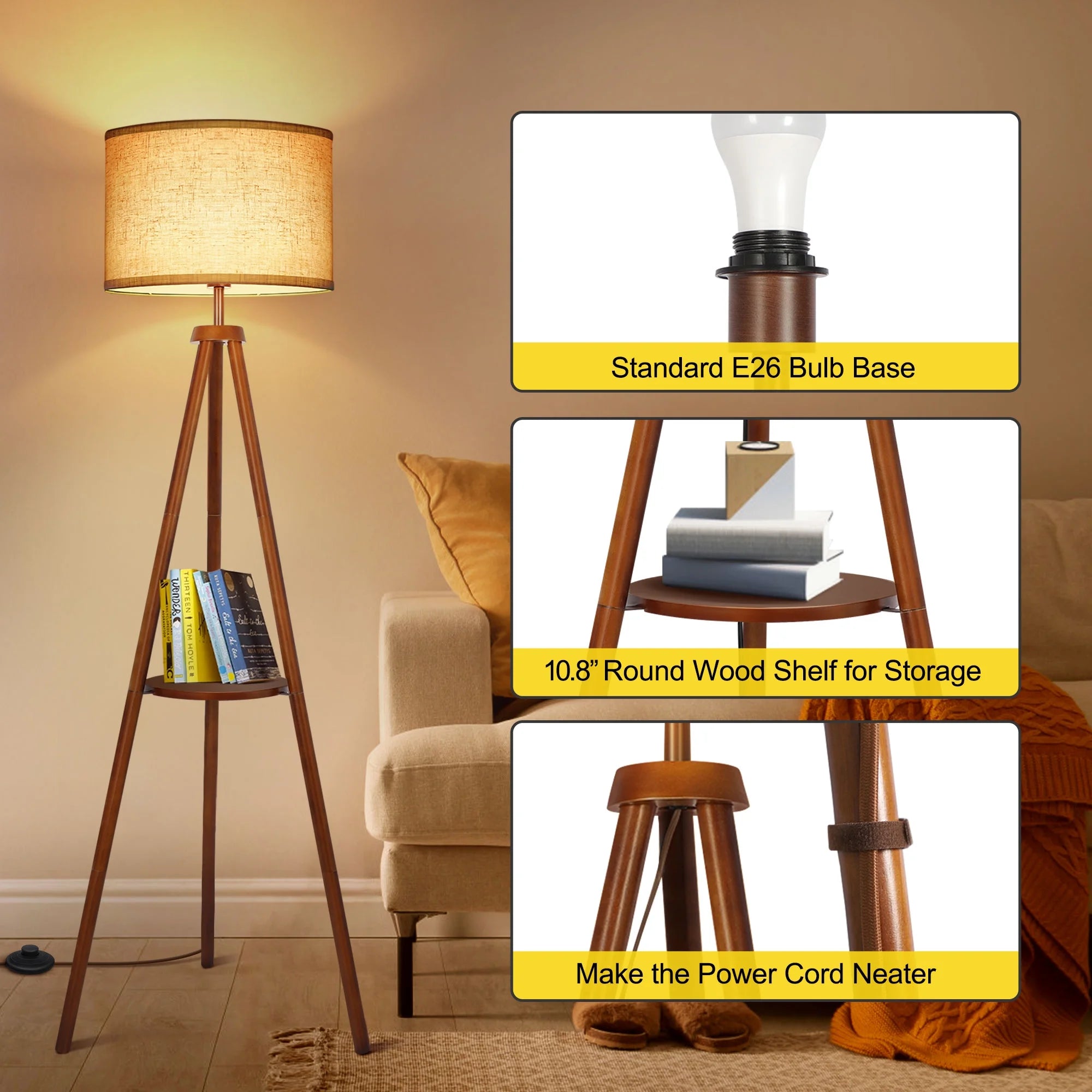 63" Wood Tripod Floor Lamp with Shelves, Dimmable Standing Lamps with Remote Control, Modern Shelf Floor Lamp for Living Room, Bedroom, Office, LED Bulbs Included
