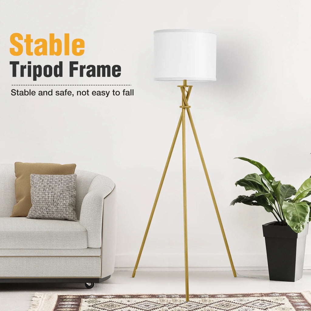 Gold Tripod Floor Lamps for Living Room, Modern Standing Lamp with White Drum Shade & Rotary Switch, Studying Light for Bedroom, Study Room and Office