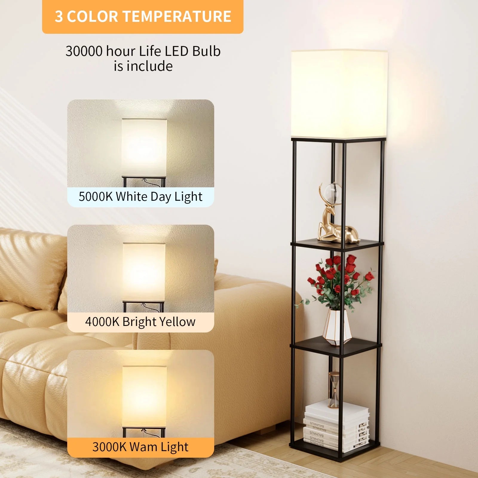 63" Floor Lamp with Shelves: Lamp for Living Room with 3 Adjustable Color Temperatures, Display Bookshelf for Home, Bedroom, Study - Black (Bulb Included)