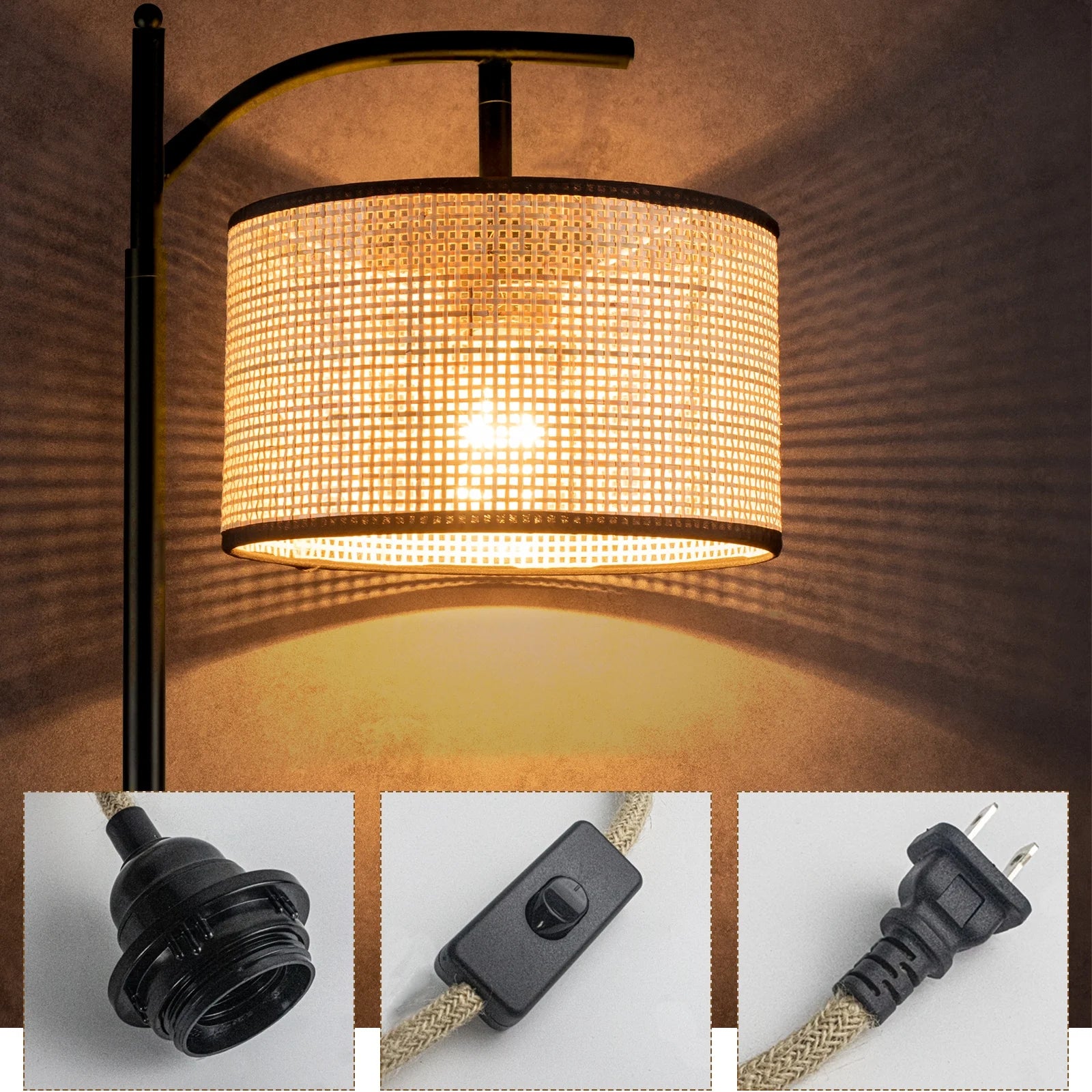 Boho Rattan Floor Lamp, Farmhouse Standing Light with ON/OFF Switch E26 Lights for Bedrooms Living Room