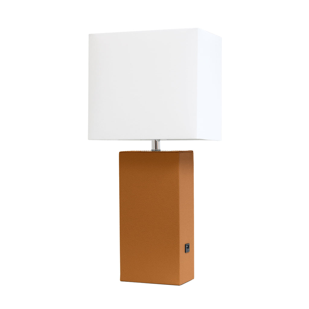 Modern Leather Table Lamp with USB and White Fabric Shade