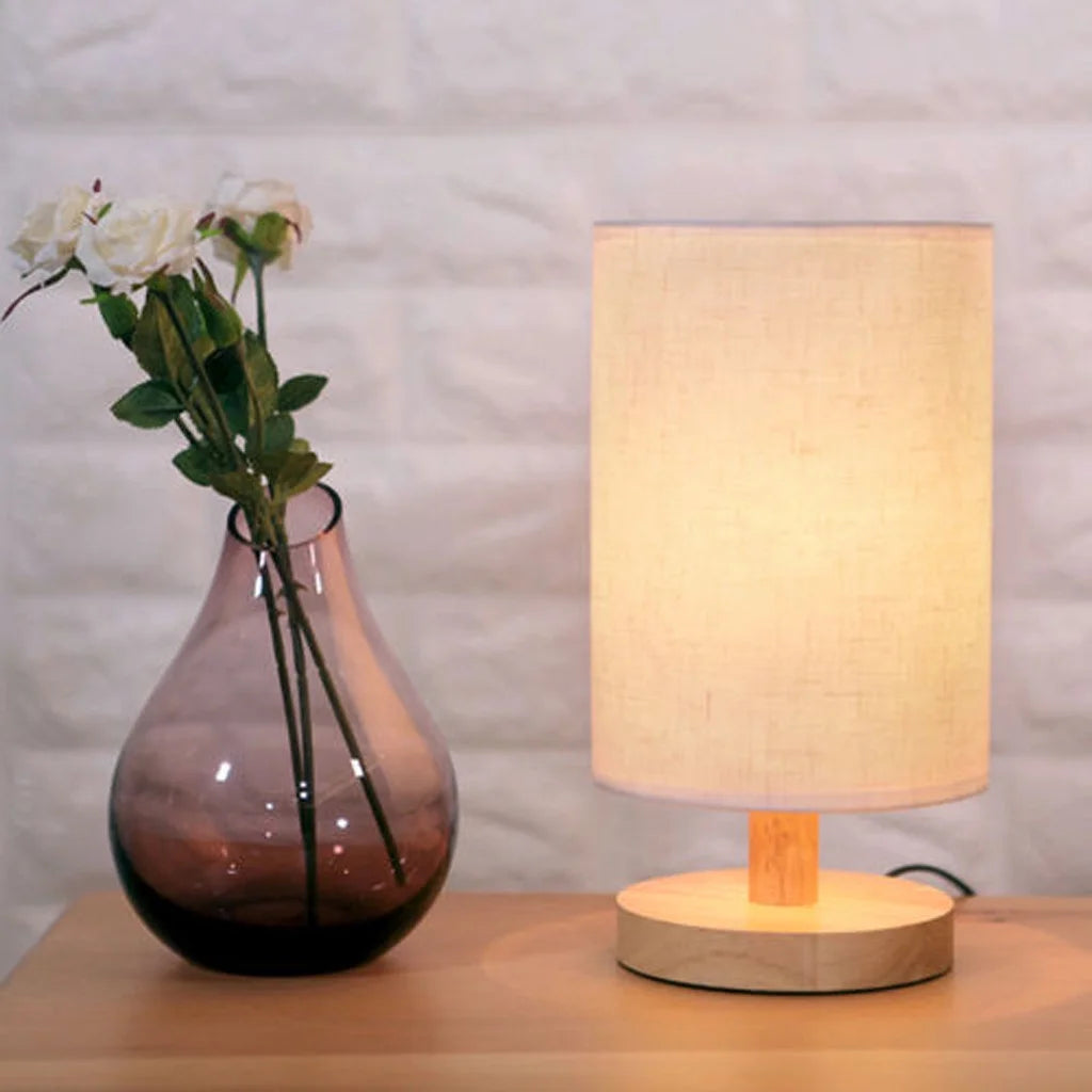 Wooden Table Lamp for Bedroom Study Room, Dimmable Night Lamp with round Linen Fabric Shade and LED Bulb, Classic Desk Lamp for Living Room Office Dormitary, 1 Pack, Khaki