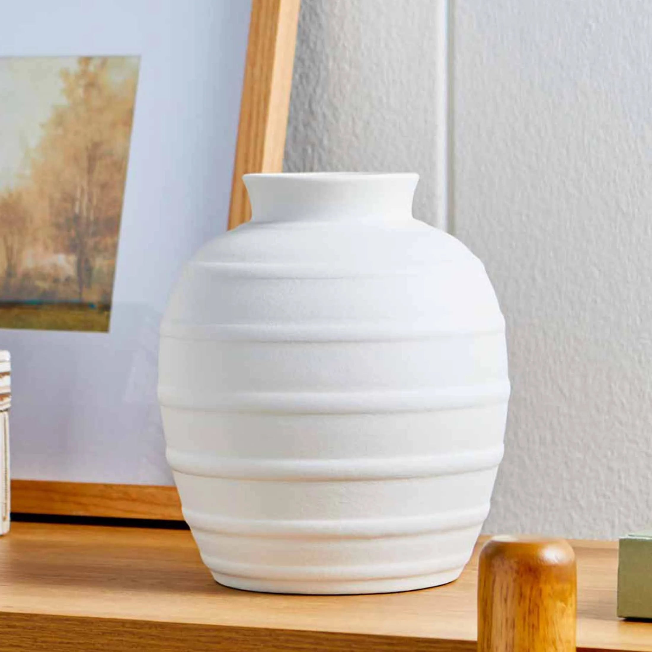 White 8-Inch Textured Ribbed Ceramic Vase
