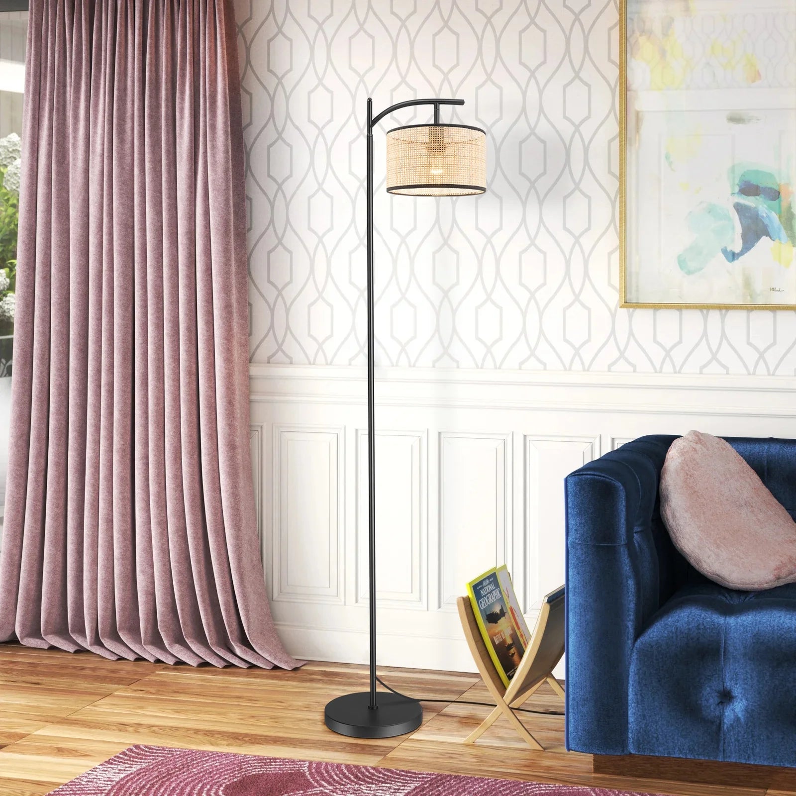 Boho Rattan Floor Lamp, Farmhouse Standing Light with ON/OFF Switch E26 Lights for Bedrooms Living Room