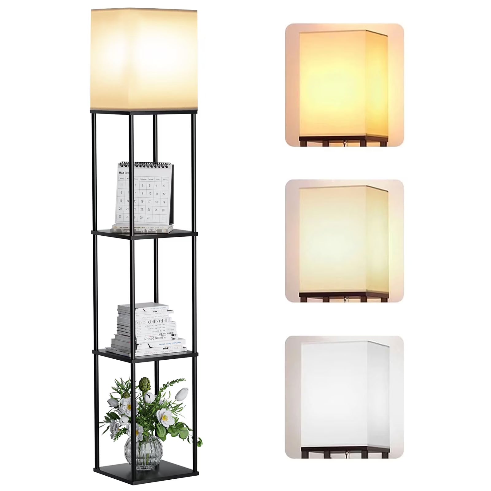 63" Floor Lamp with Shelves: Lamp for Living Room with 3 Adjustable Color Temperatures, Display Bookshelf for Home, Bedroom, Study - Black (Bulb Included)