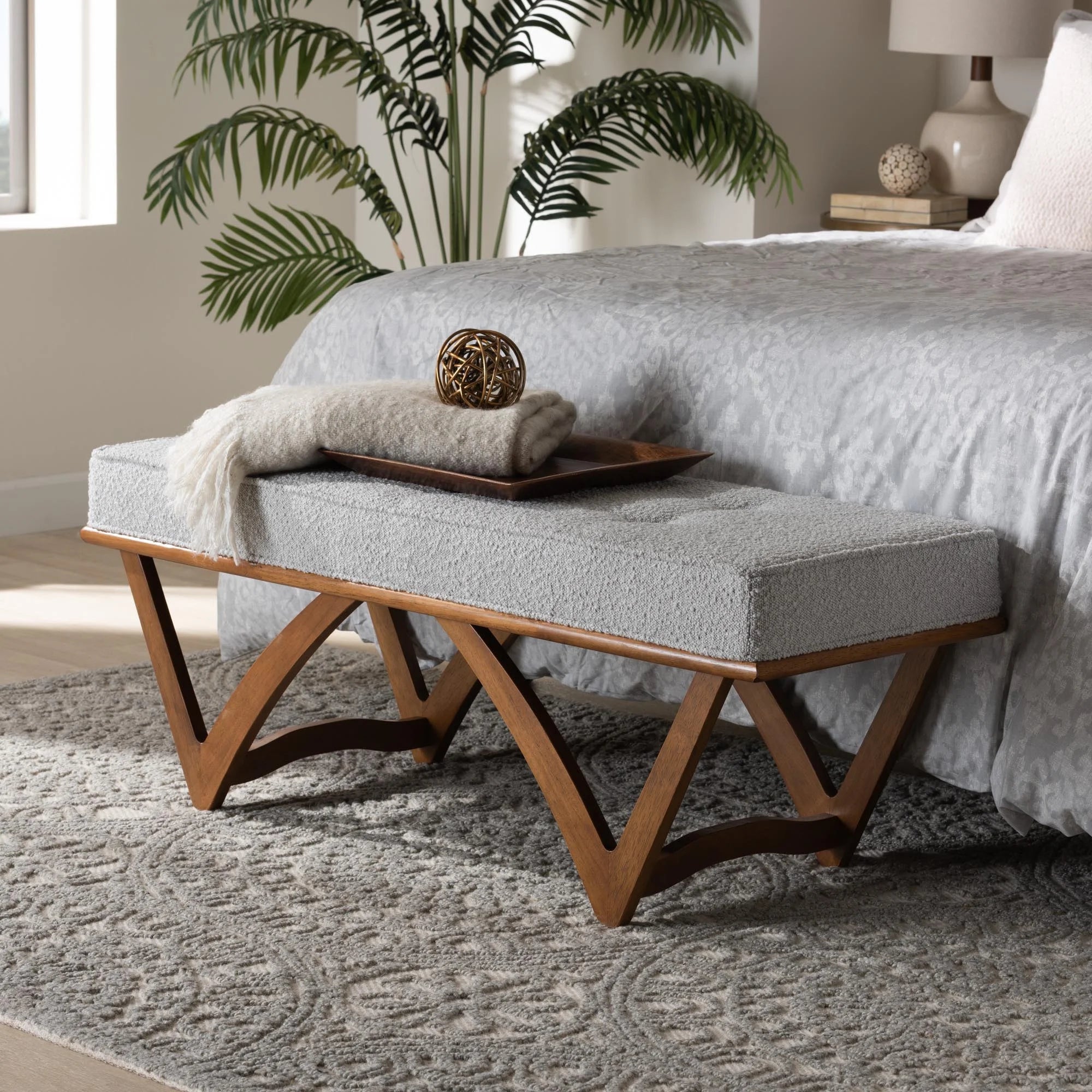 Chenoa Japandi Light Grey Boucle Fabric and Walnut Brown Finished Wood Bench