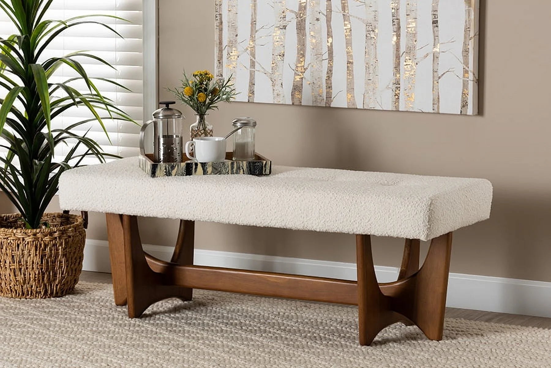 Theo Japandi Cream Boucle Fabric and Walnut Brown Finished Wood Bench