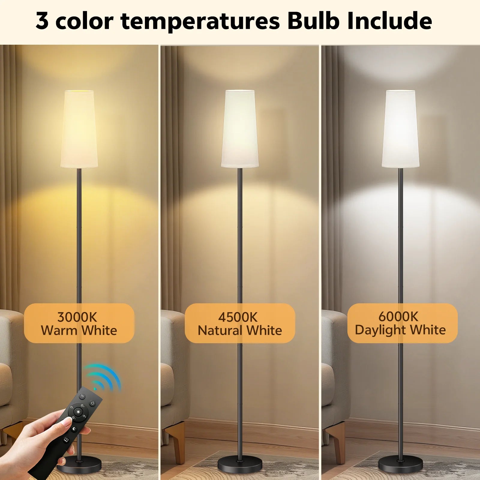 66" Floor Lamps for Living Room with Remote Control 3 Color Temperature Dimmable Standing Lamp Tall Pole Lamps for Bedroom, Office,Black,Bulb Included