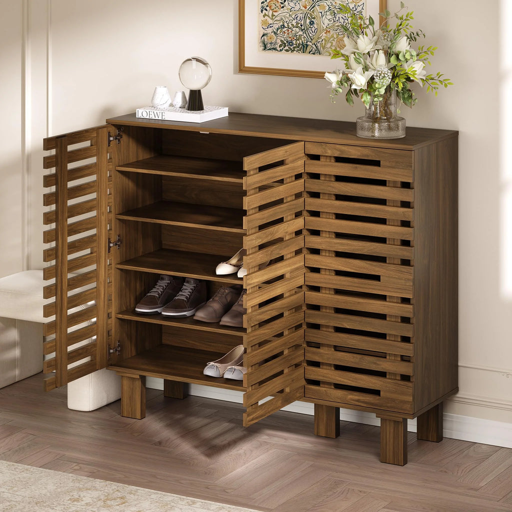 47" Wide Shoe Cabinet with Drawers and Adjustable Shelves, Entryway Shoe Storage Organizer with Louvered Doors, Japandi Brutalist Walnut Grid Design, Fits 20–24 Pairs