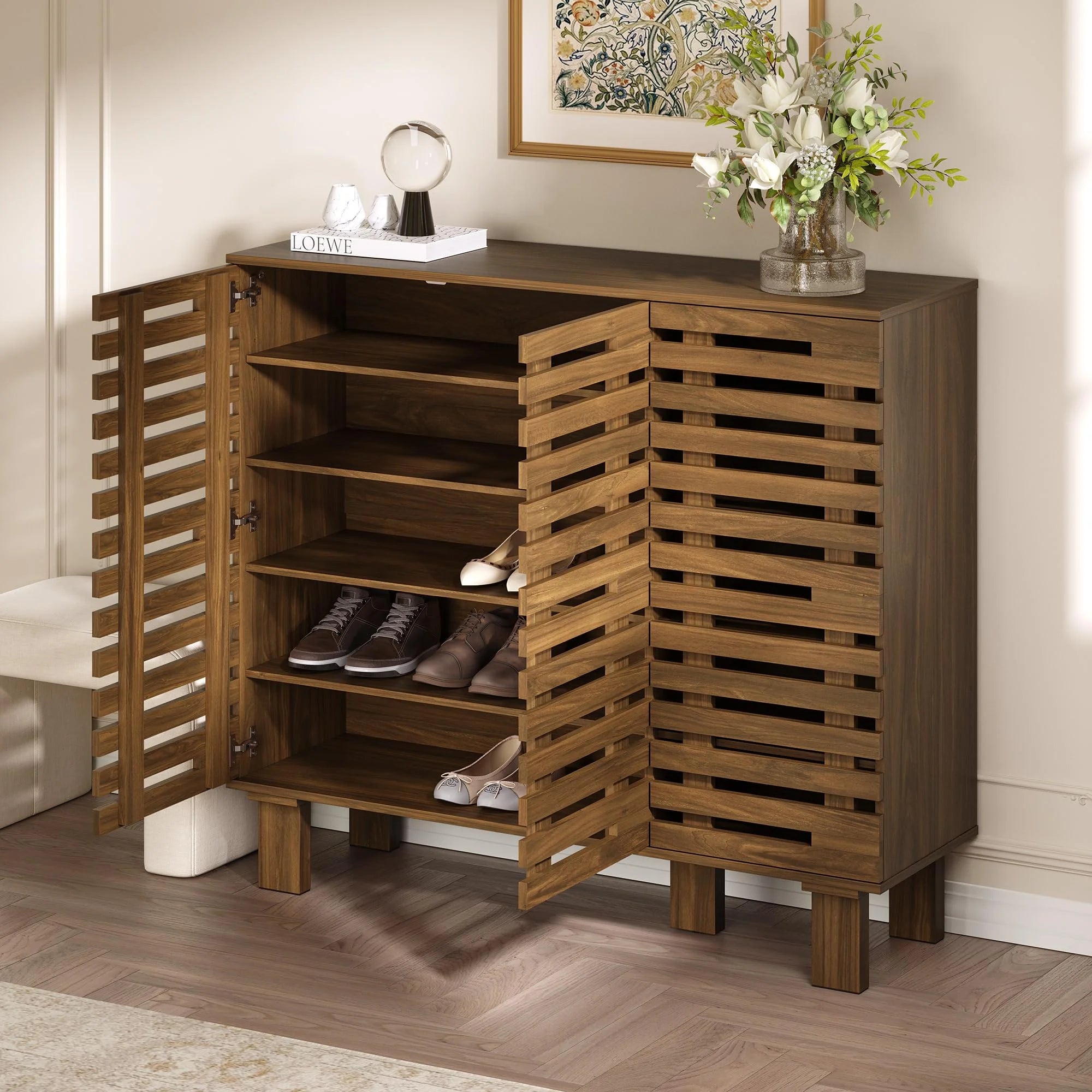 47" Wide Shoe Cabinet with Drawers and Adjustable Shelves, Entryway Shoe Storage Organizer with Louvered Doors, Japandi Brutalist Walnut Grid Design, Fits 20–24 Pairs