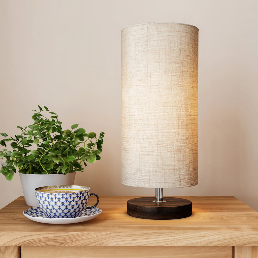Cylinder Lamp with Wood Base-Modern Light with LED Bulb Included Adjustable Height