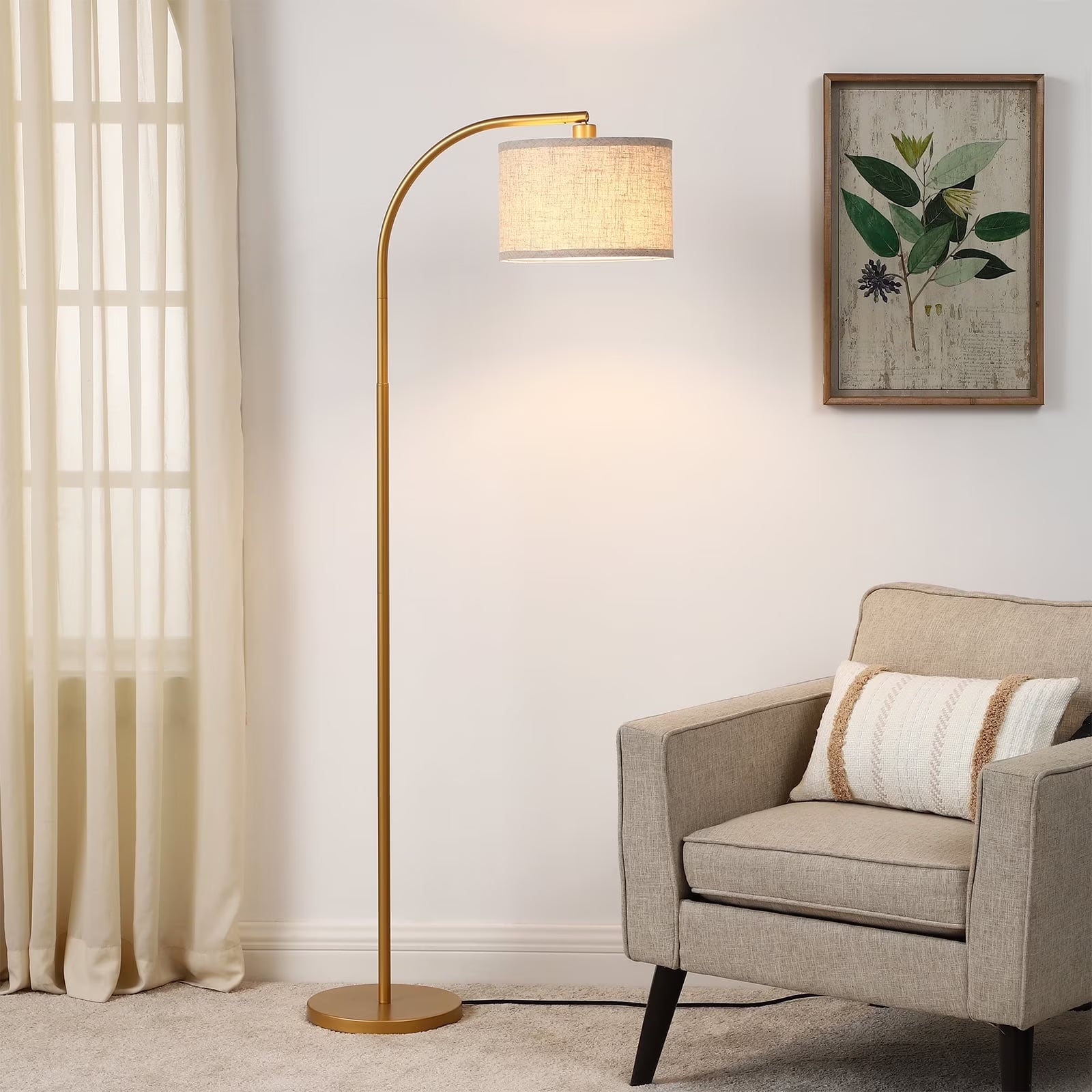 63.4-Inch Modern Arc Gold Floor Lamps for Living Room, Metal Standing Lamp with Foot Switch for Bedroom, Office, Decor, Lighting, Adjustable Lampshade