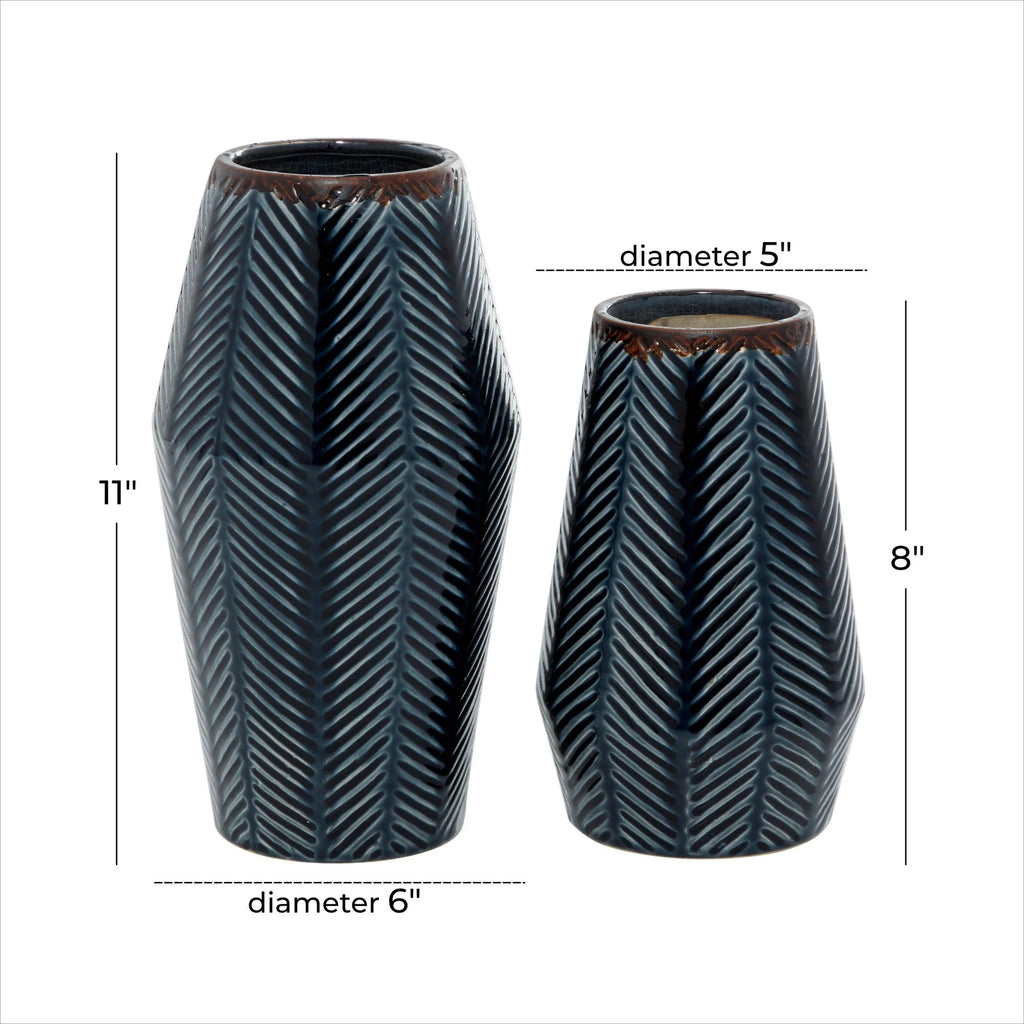 11", 8"H Handmade Chevron Dark Blue Ceramic Vase, Set of 2