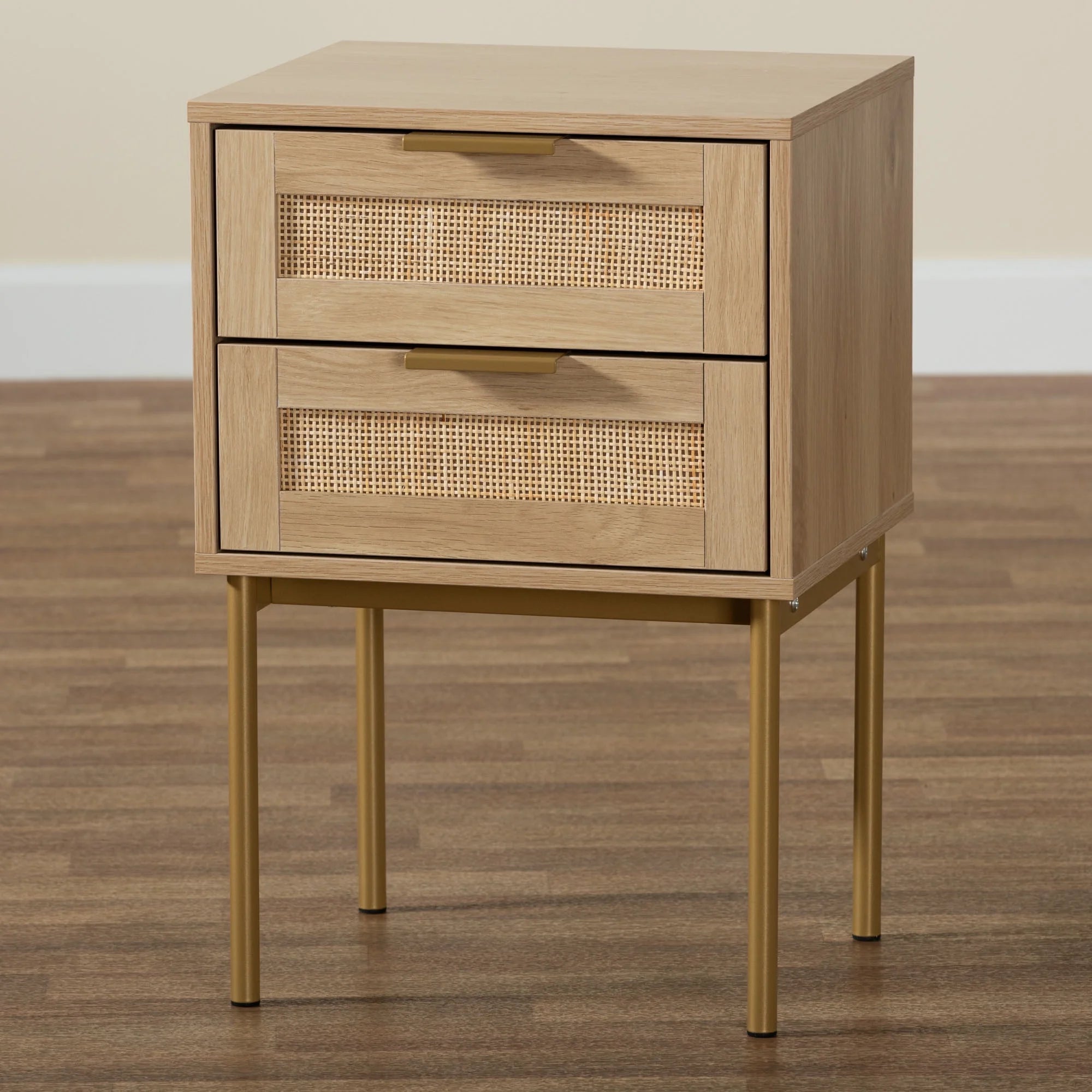 Dewitt Japandi Light Brown Finished Wood and Gold Metal 2-Drawer End Table