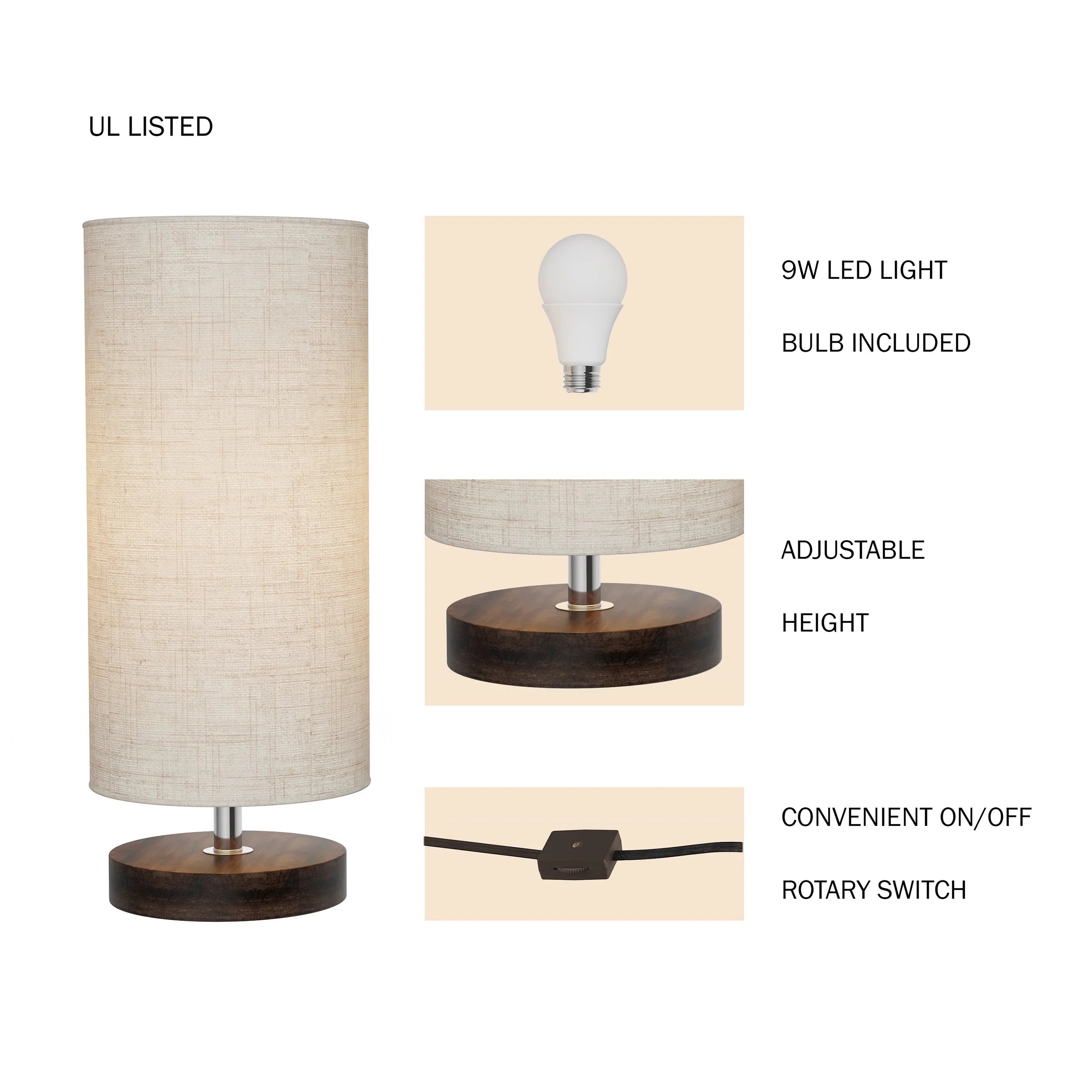 Cylinder Lamp with Wood Base-Modern Light with LED Bulb Included Adjustable Height