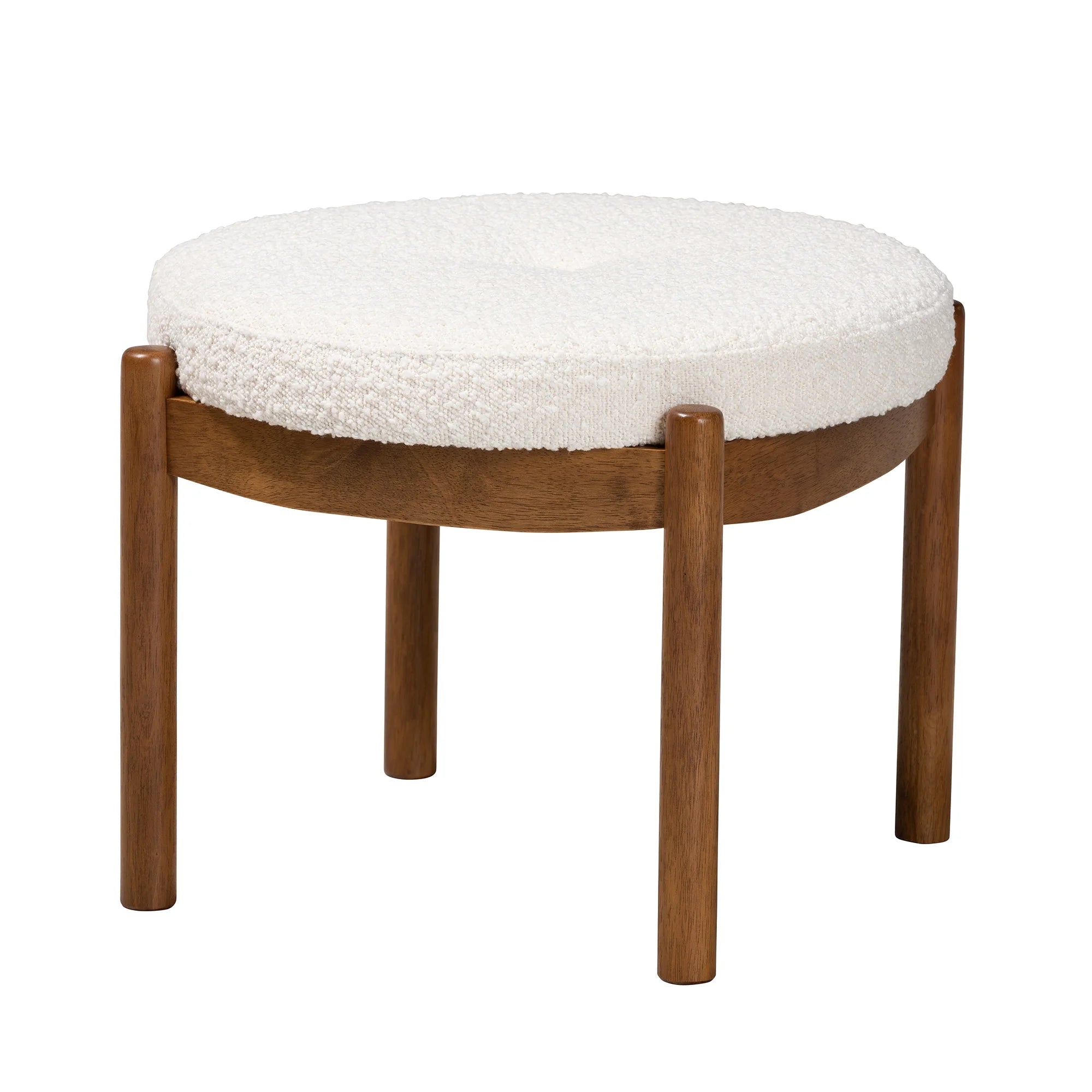 Iliana Japandi Cream Boucle Fabric and Walnut Brown Finished Rubberwood Ottoman Footstool