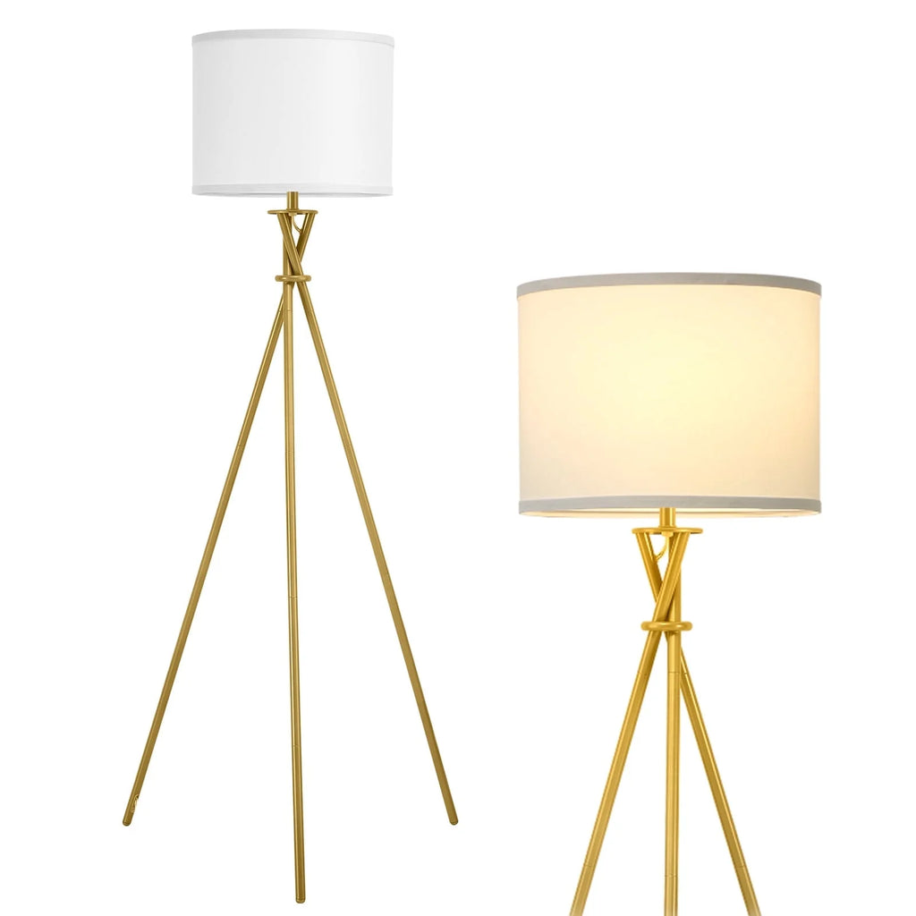 Gold Tripod Floor Lamps for Living Room, Modern Standing Lamp with White Drum Shade & Rotary Switch, Studying Light for Bedroom, Study Room and Office