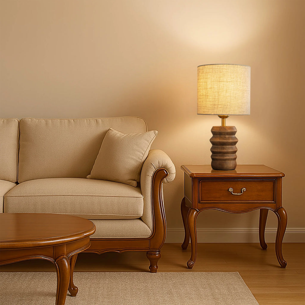 15'' Japandi Solid Wood Base Table Lamp Modern Classic Nightstand Lamp with Beige Fabric Shade for Bedside Foyer Dining Room