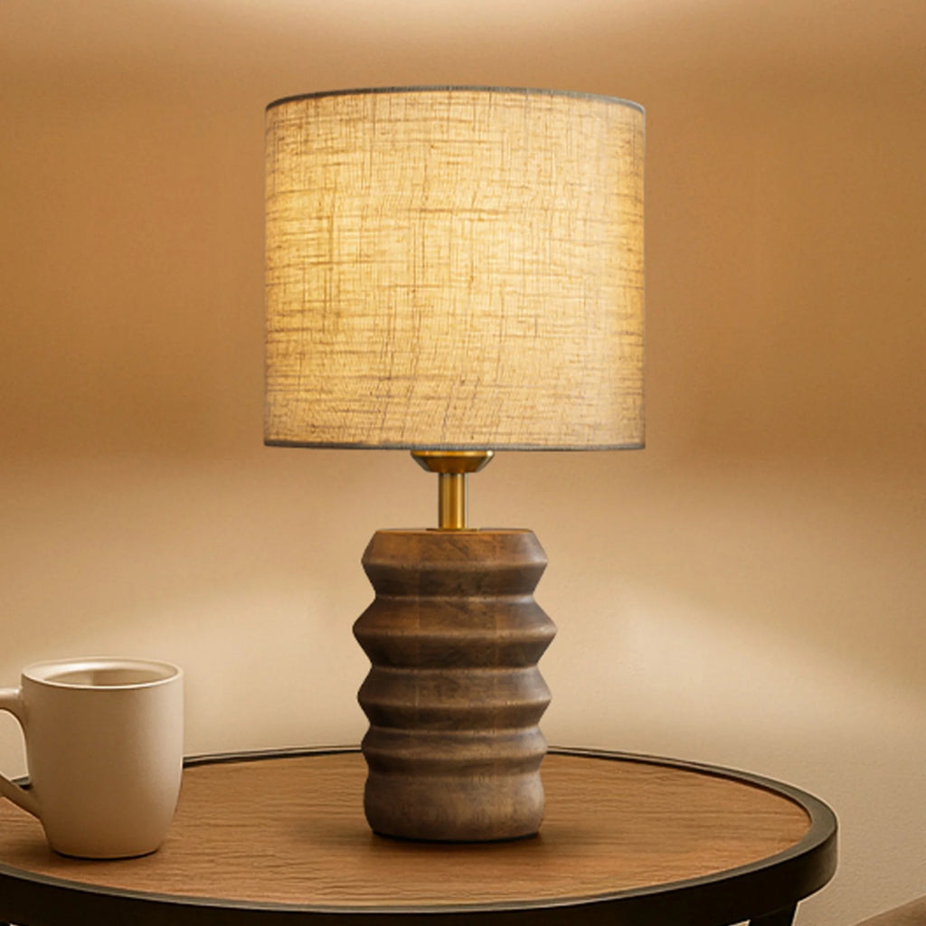 15'' Japandi Solid Wood Base Table Lamp Modern Classic Nightstand Lamp with Beige Fabric Shade for Bedside Foyer Dining Room